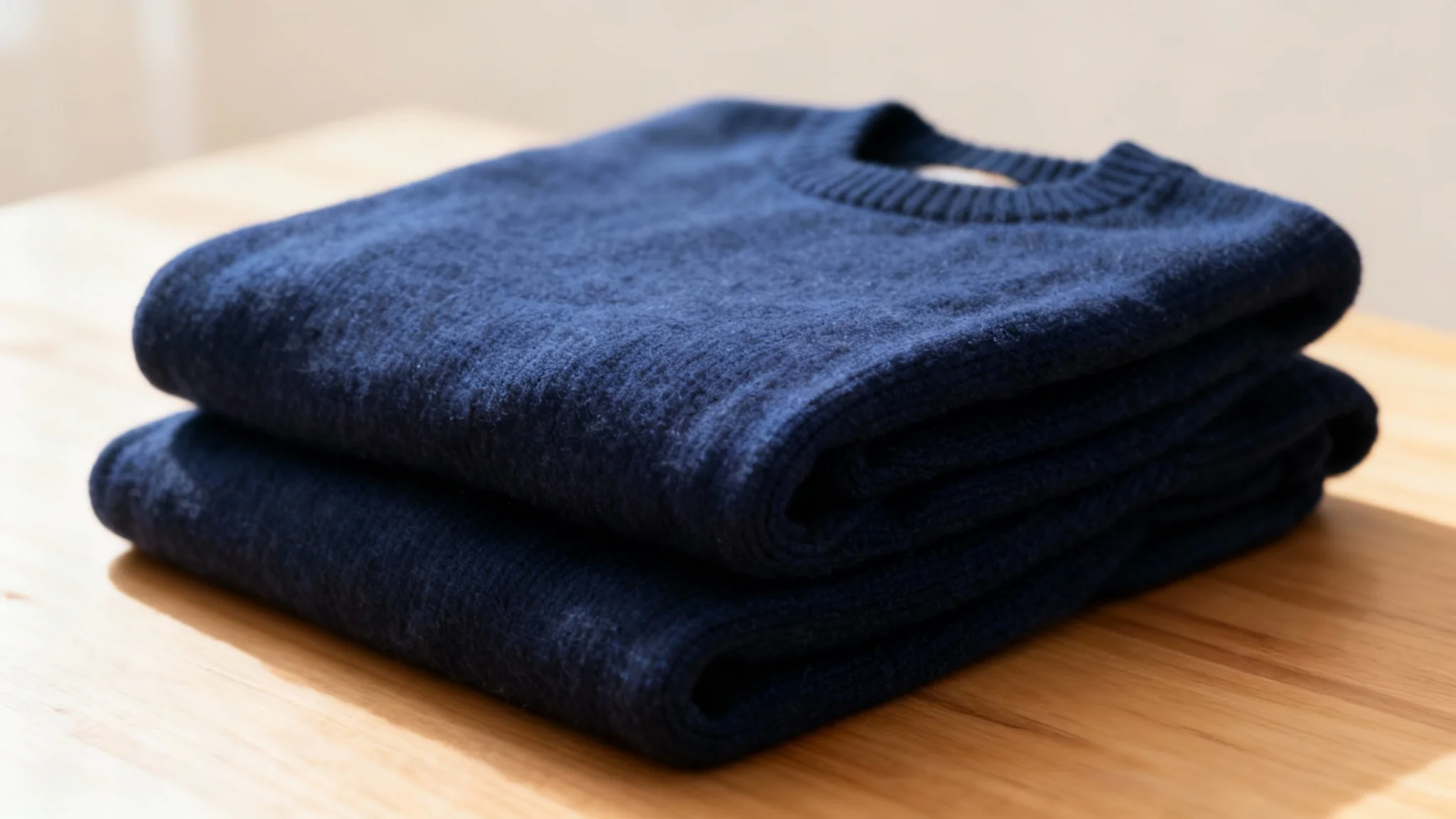 A close-up shot of a perfectly clean, lint-free navy blue sweater, neatly folded on a light wooden table, demonstrating the result of a lint removal tool.
