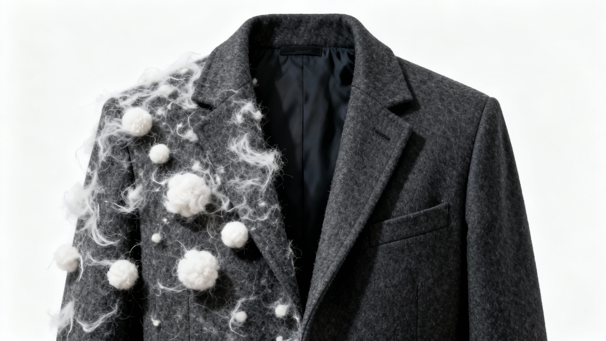 A close-up, split-screen image of a dark grey wool jacket. The left side is covered in white lint, and the right side is perfectly clean, illustrating the result of lint removal.