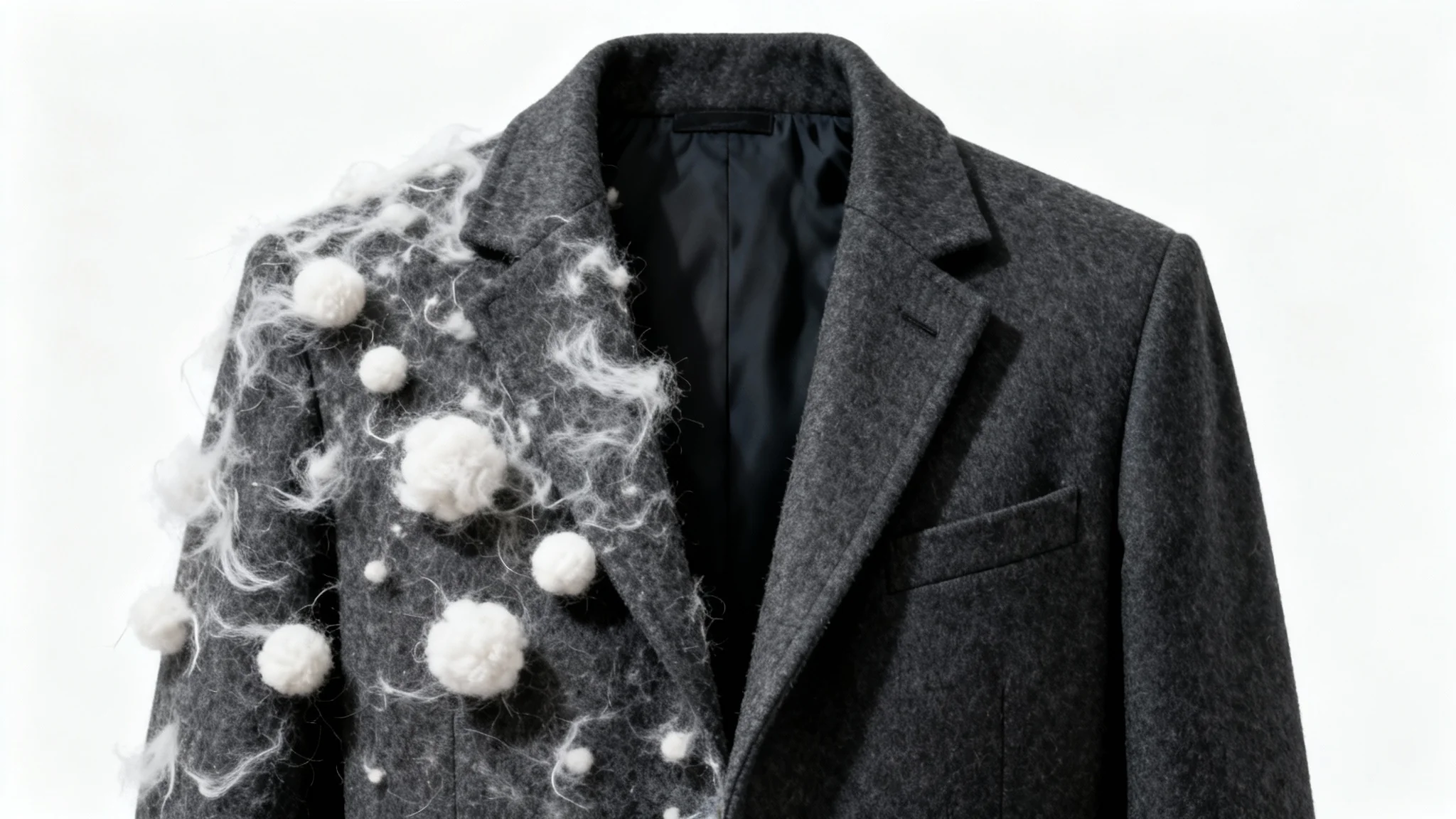 A close-up, split-screen image of a dark grey wool jacket. The left side is covered in white lint, and the right side is perfectly clean, illustrating the result of lint removal.