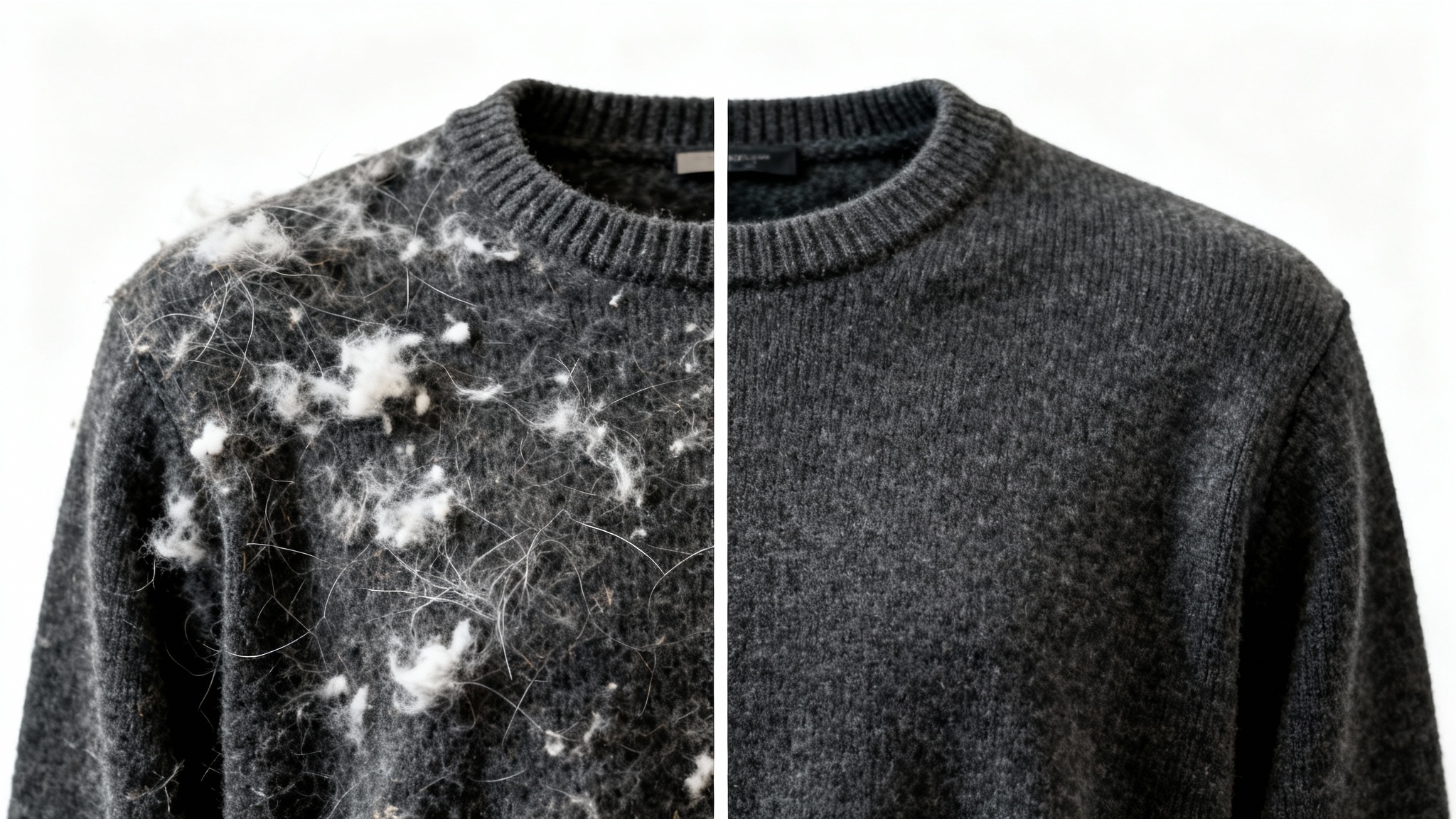 A close-up, before-and-after image of a dark grey sweater. The left side is covered in lint and pills, while the right side is perfectly clean and smooth, demonstrating the effectiveness of lint removal.