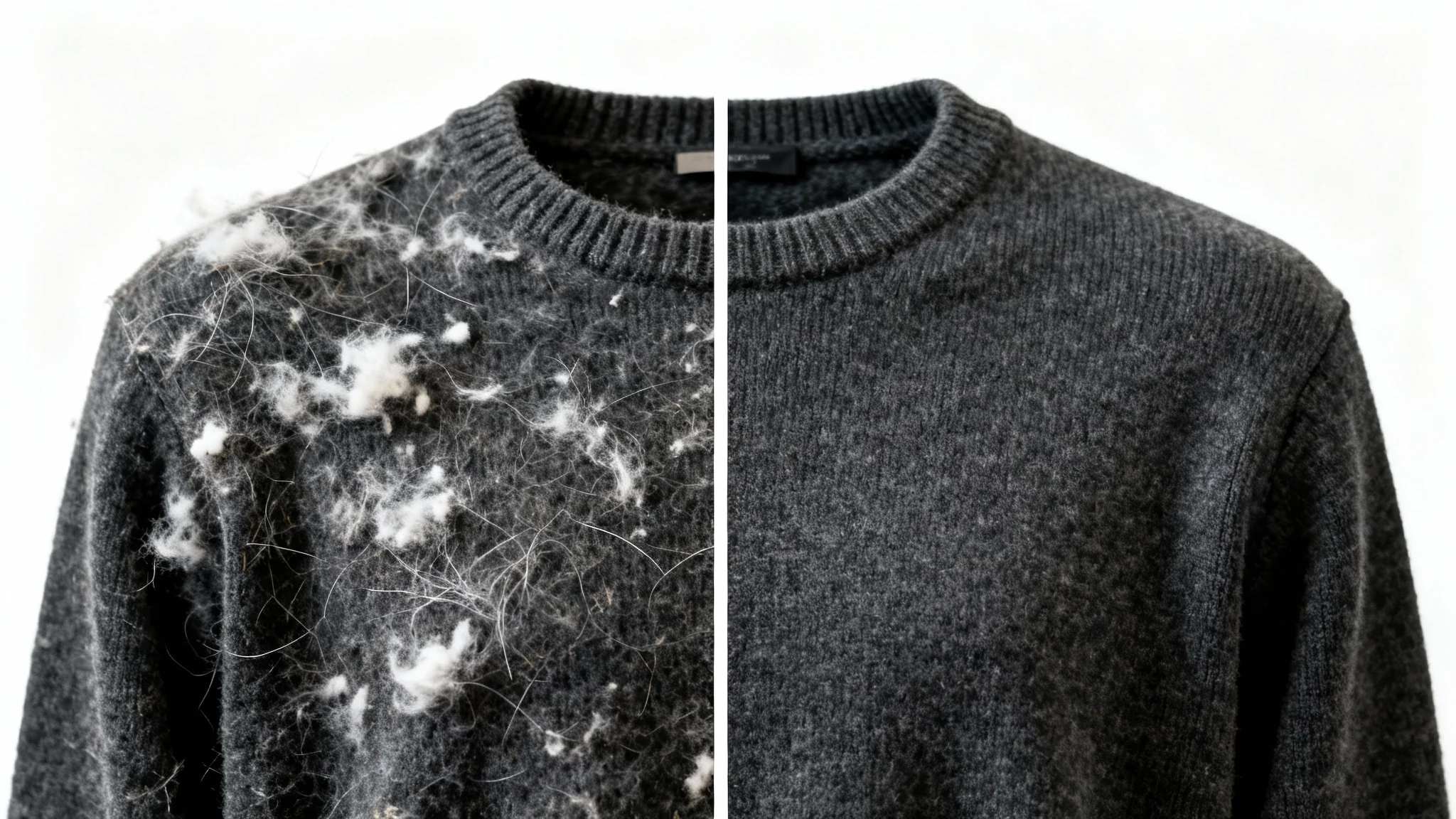 A close-up, before-and-after image of a dark grey sweater. The left side is covered in lint and pills, while the right side is perfectly clean and smooth, demonstrating the effectiveness of lint removal.