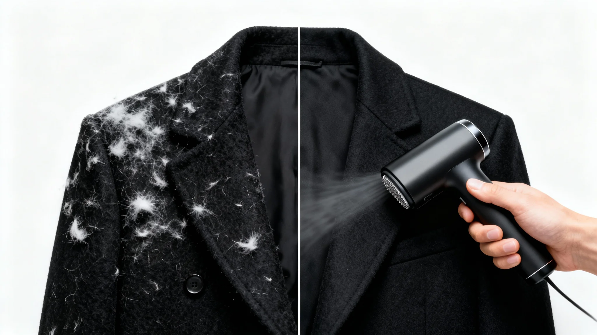 A close-up shot of a black wool coat, half of which is covered in white lint and the other half is perfectly clean, with a hand using a fabric shaver to demonstrate the cleaning effect.