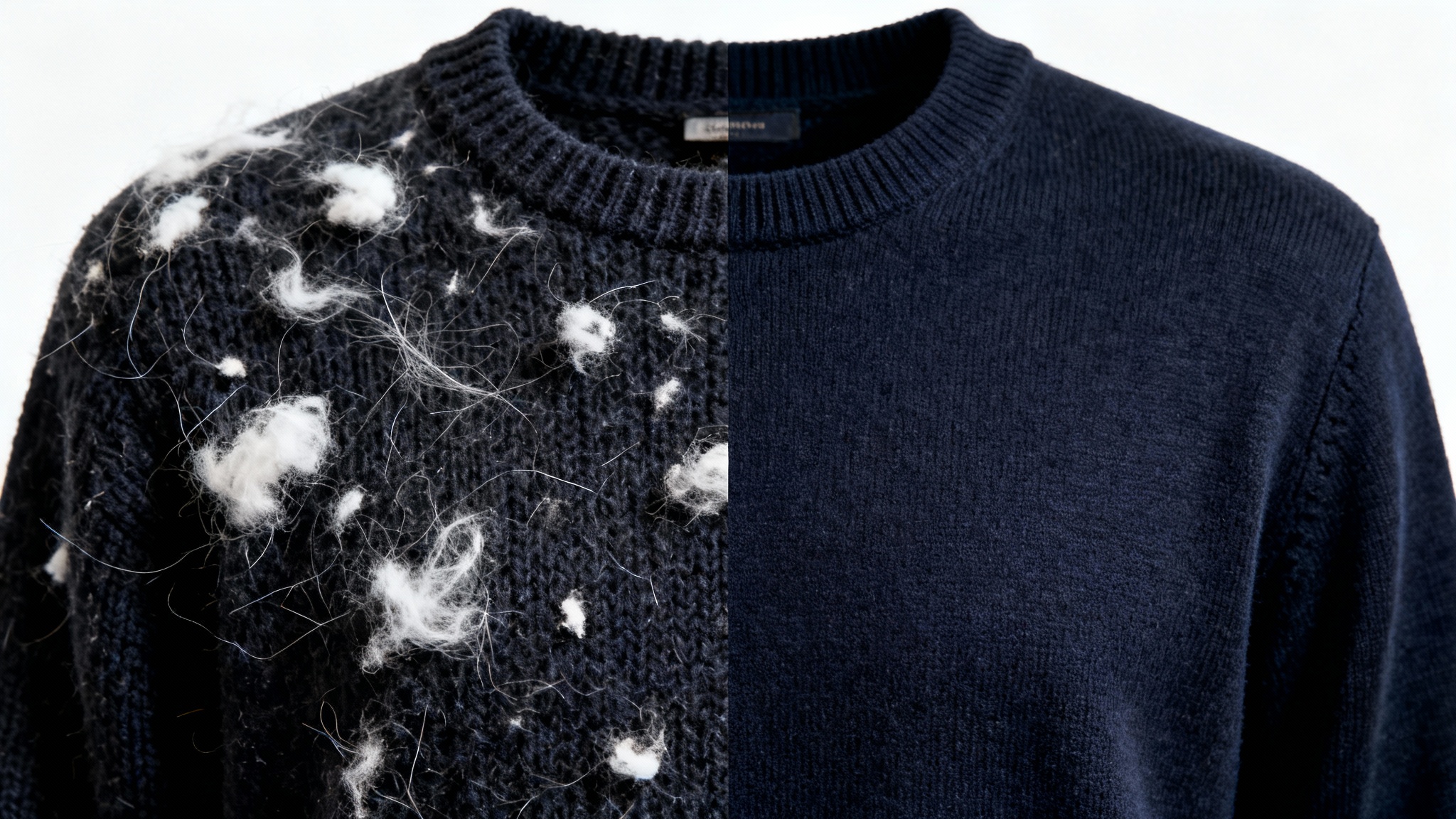 A close-up before-and-after photo of a dark sweater. One side is covered in lint and pills, while the other side is perfectly clean and smooth, demonstrating effective lint removal.