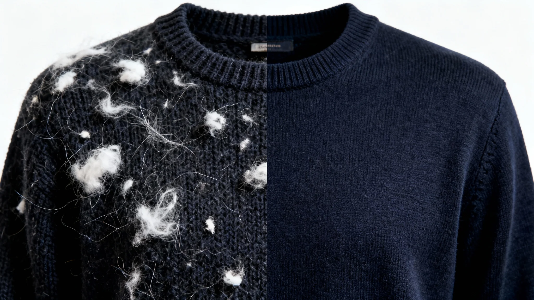 A close-up before-and-after photo of a dark sweater. One side is covered in lint and pills, while the other side is perfectly clean and smooth, demonstrating effective lint removal.