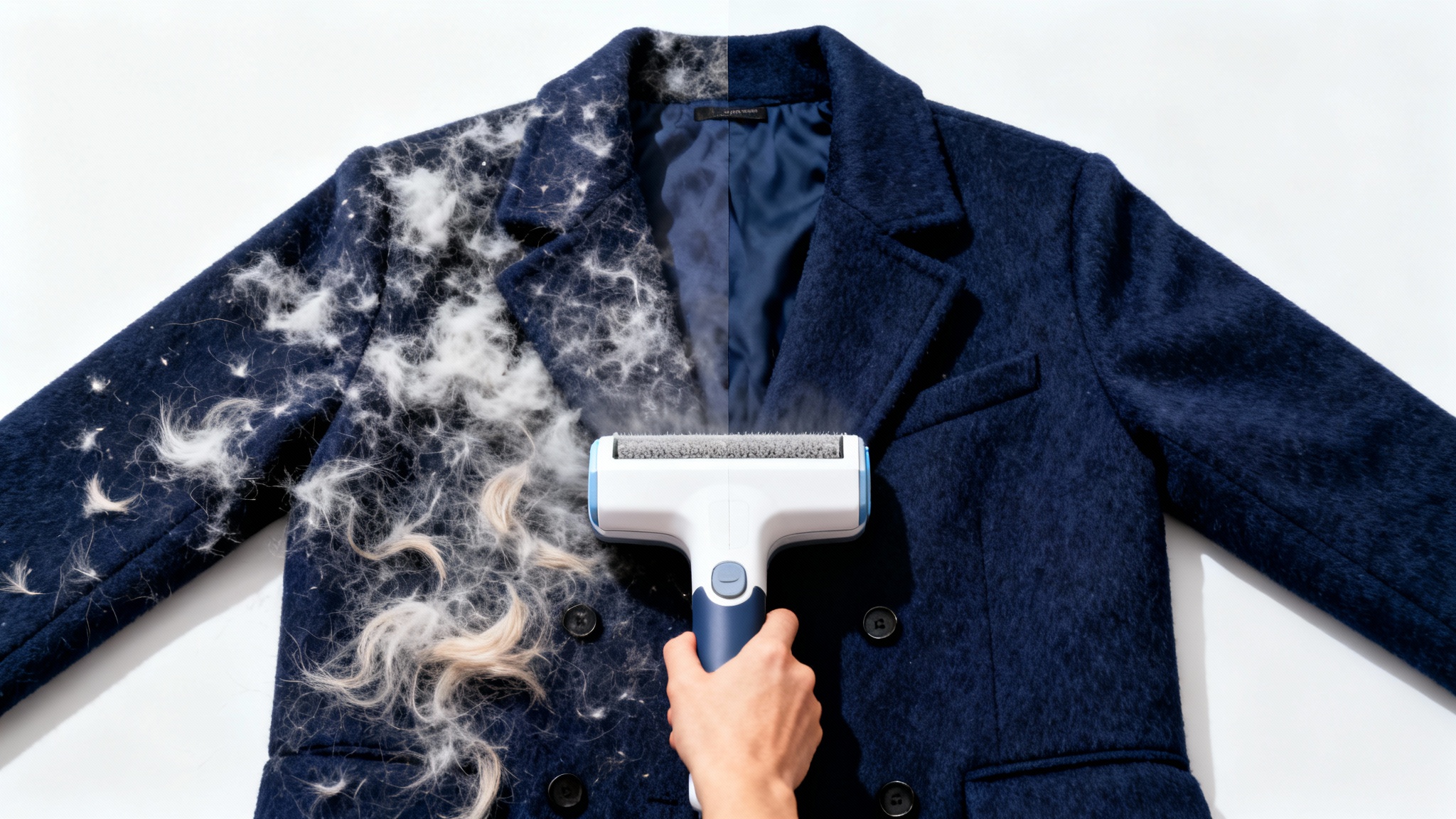 A close-up of a navy blue wool coat, half covered in white lint and half perfectly clean, demonstrating the effectiveness of a lint remover shown in the middle.