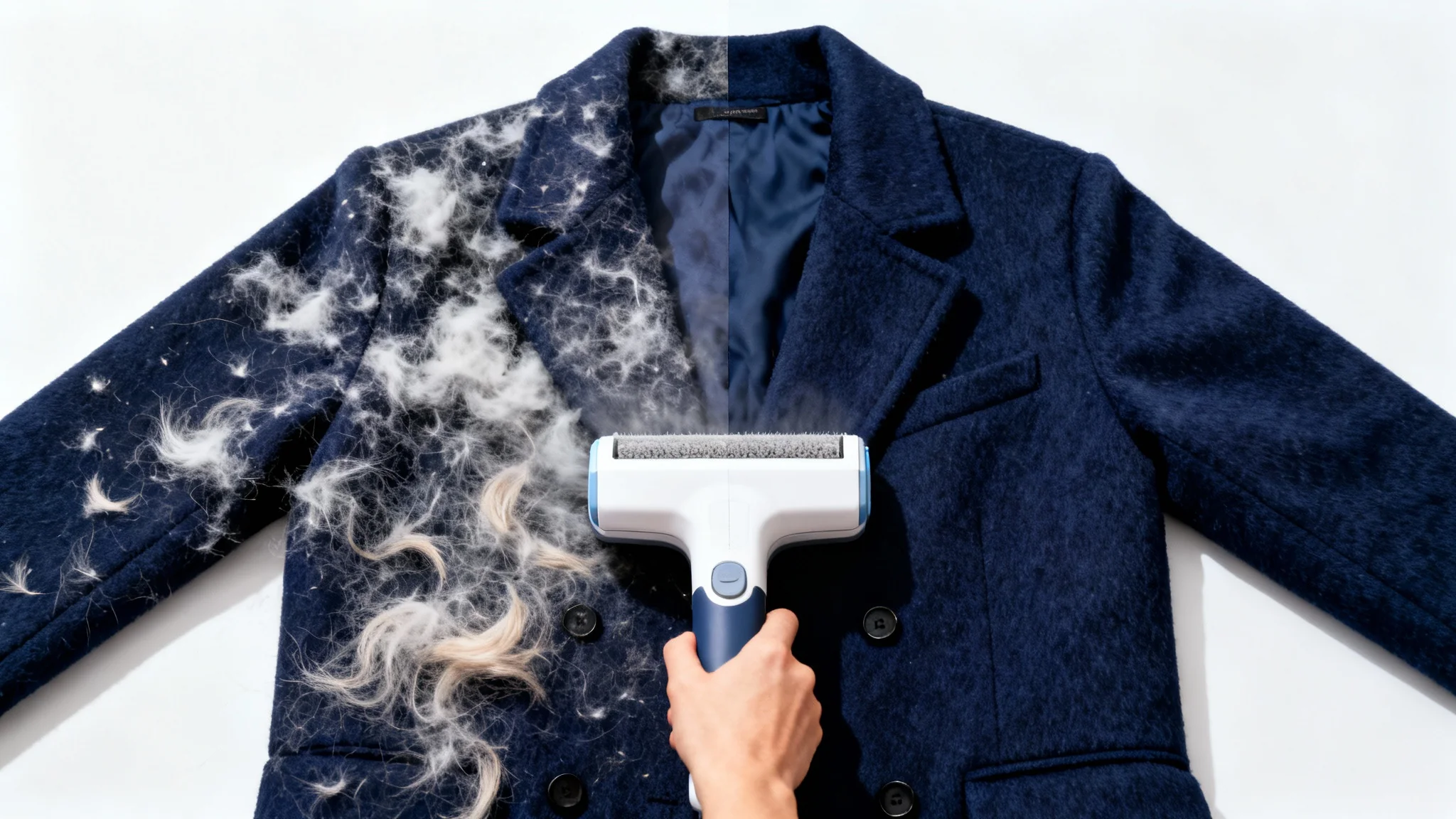 A close-up of a navy blue wool coat, half covered in white lint and half perfectly clean, demonstrating the effectiveness of a lint remover shown in the middle.