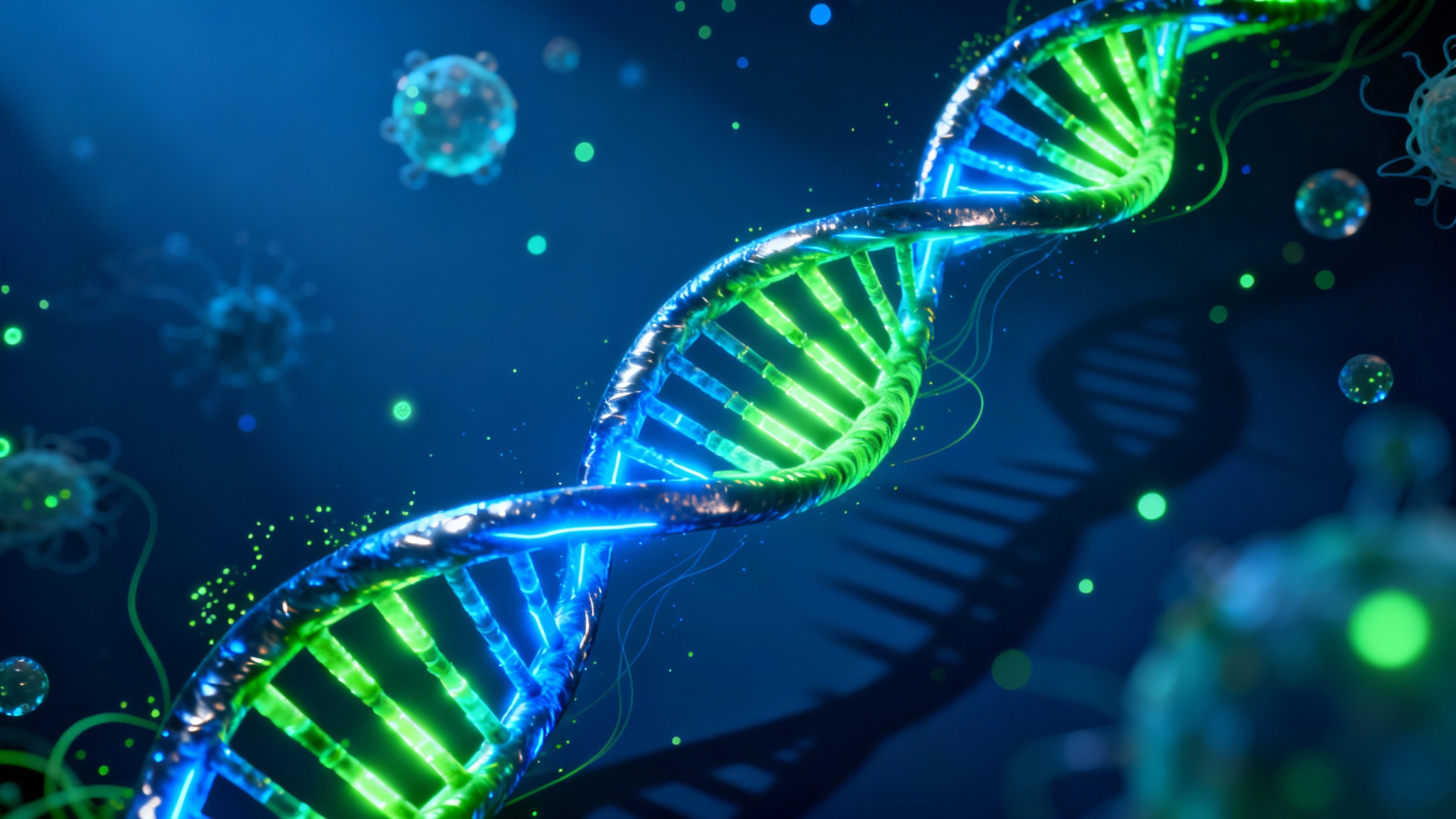 A professional digital illustration of a glowing blue and green DNA double helix spiraling against a dark, abstract cellular background.