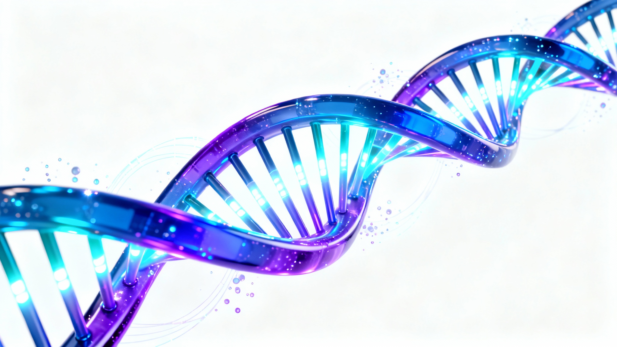 A vibrant 3D illustration of a glowing blue and purple DNA helix, suspended against a clean white background, symbolizing genetic science.