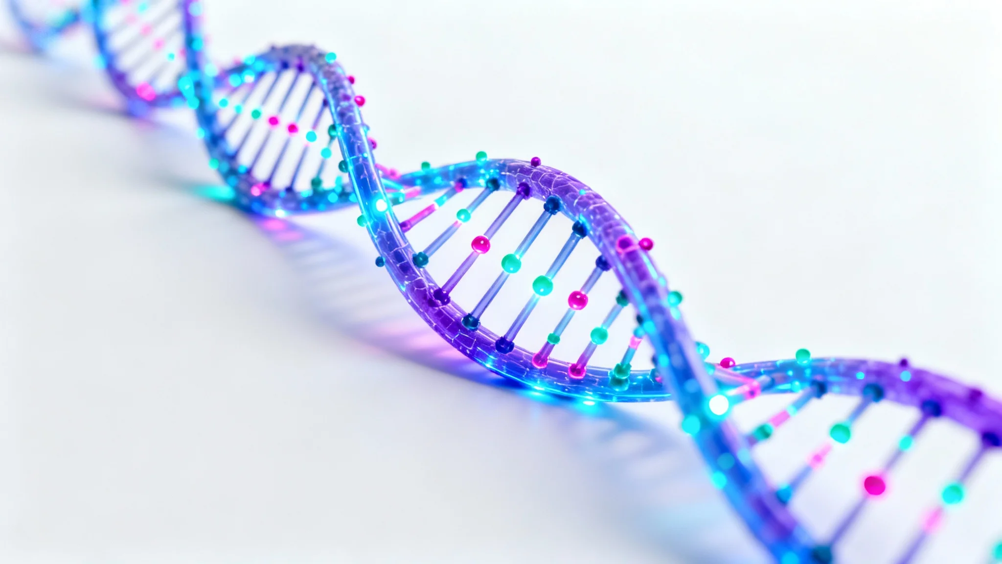 A stylized 3D rendering of a DNA helix, featuring glowing blue and purple strands with teal and magenta accents, set against a plain white background.