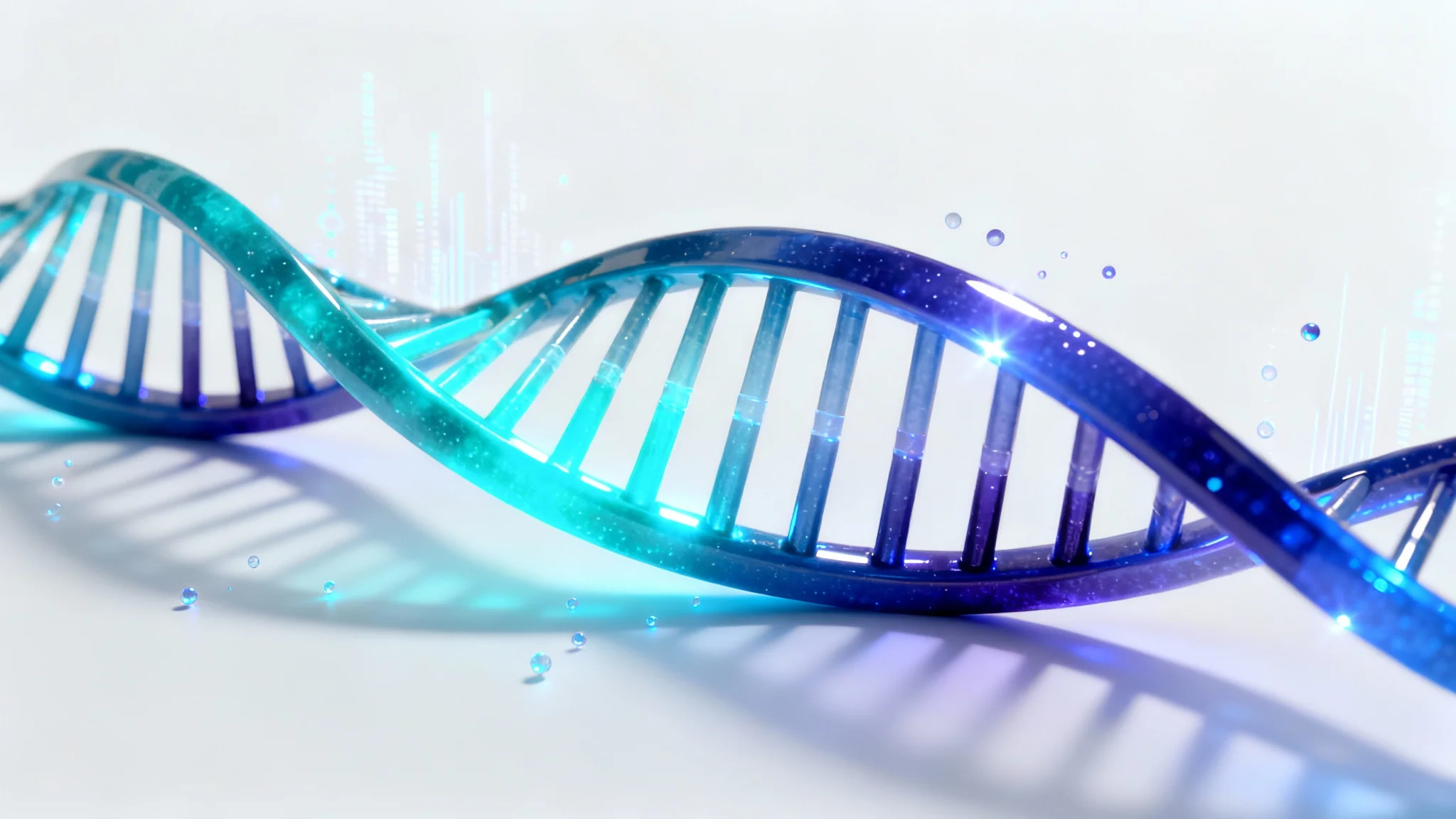 A sophisticated 3D illustration of a glowing blue and purple DNA helix twisting against a clean white background, representing advanced genetic science.