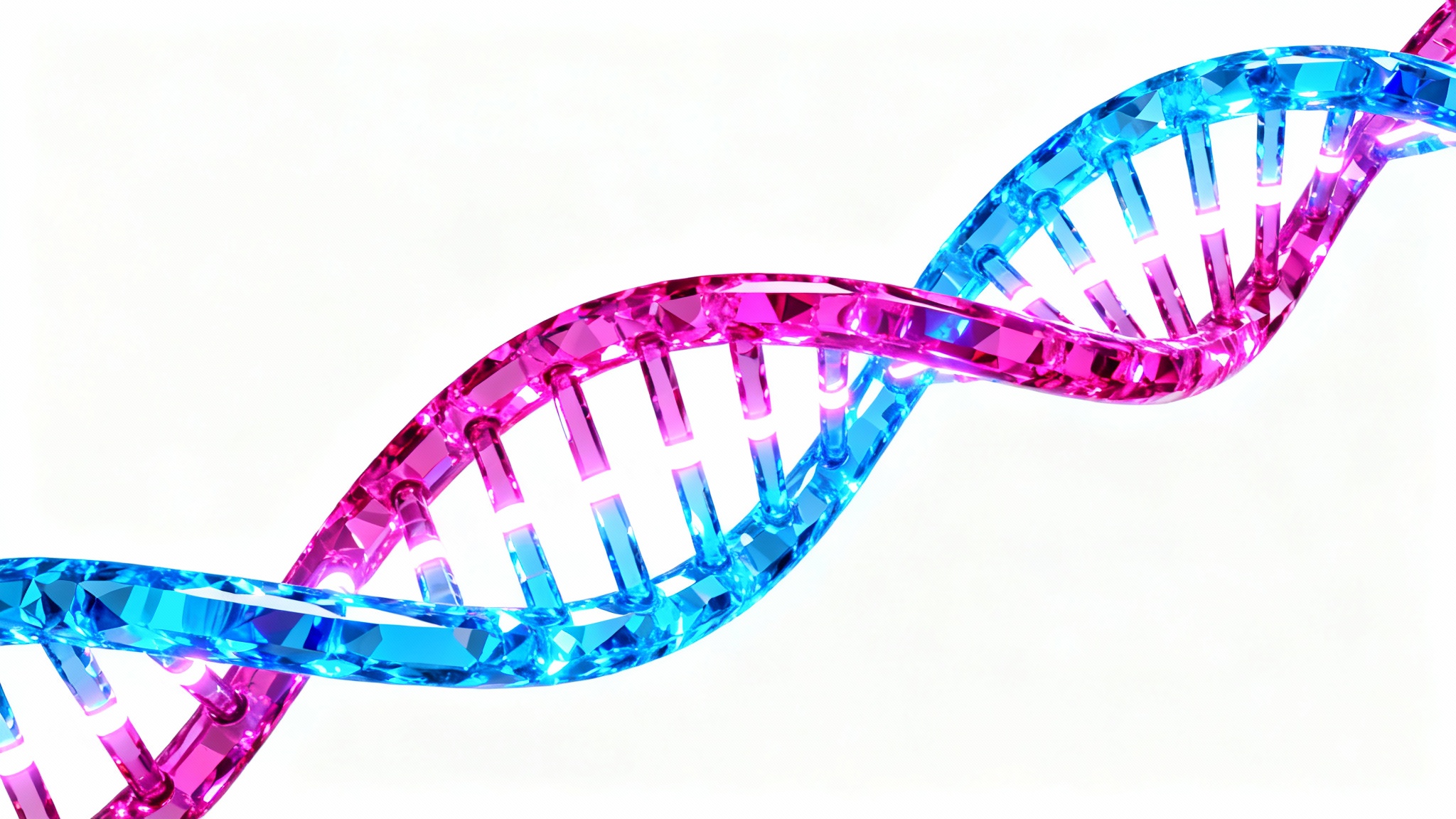 A hyperrealistic 3D illustration of a glowing DNA helix with blue and magenta strands, set against a clean white background, symbolizing science and genetics.