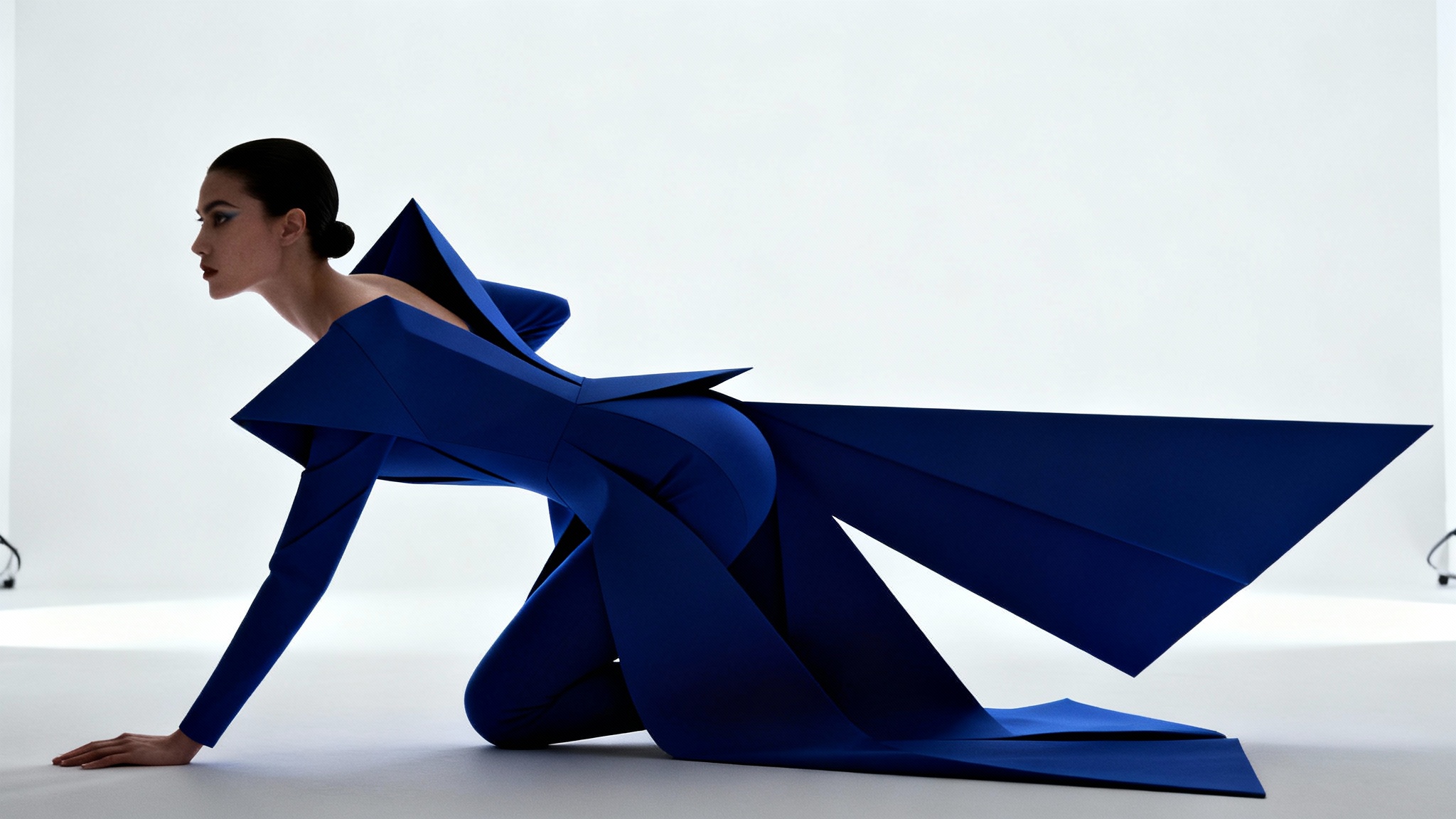 A full-body shot of a high fashion model in a dramatic, angular pose, wearing a sculptural cobalt blue outfit against a plain white studio background.