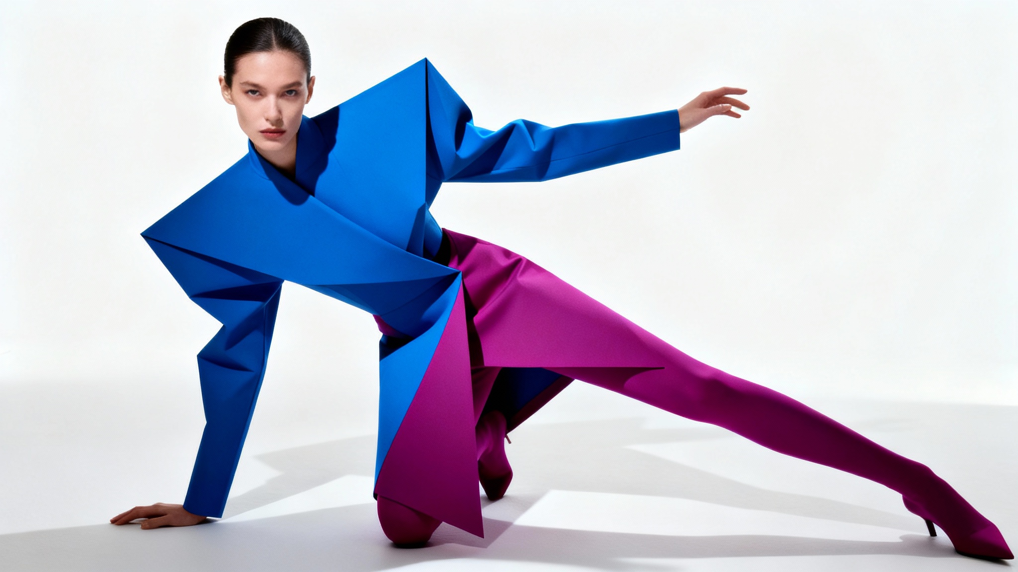 A full-body photograph of a fashion model in a striking, architectural outfit, holding a dynamic and powerful pose against a clean white background, in the style of a high-fashion editorial.