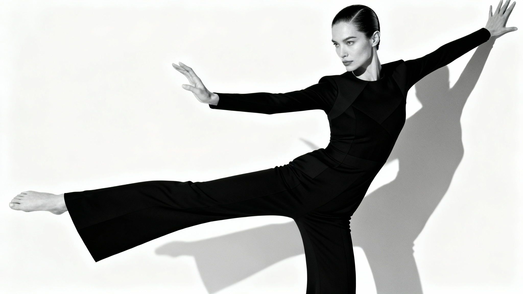 A fashion model in a sleek black jumpsuit strikes a dramatic, angular pose against a stark white background in a photo studio.