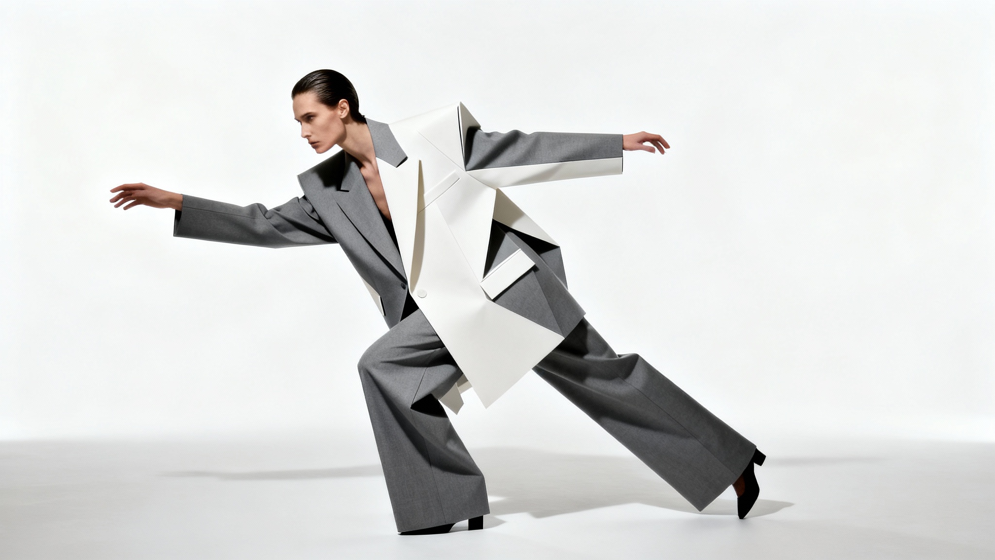 A full-body photograph of a high fashion model in a dramatic, architectural outfit striking an angular, elegant pose against a stark white background.