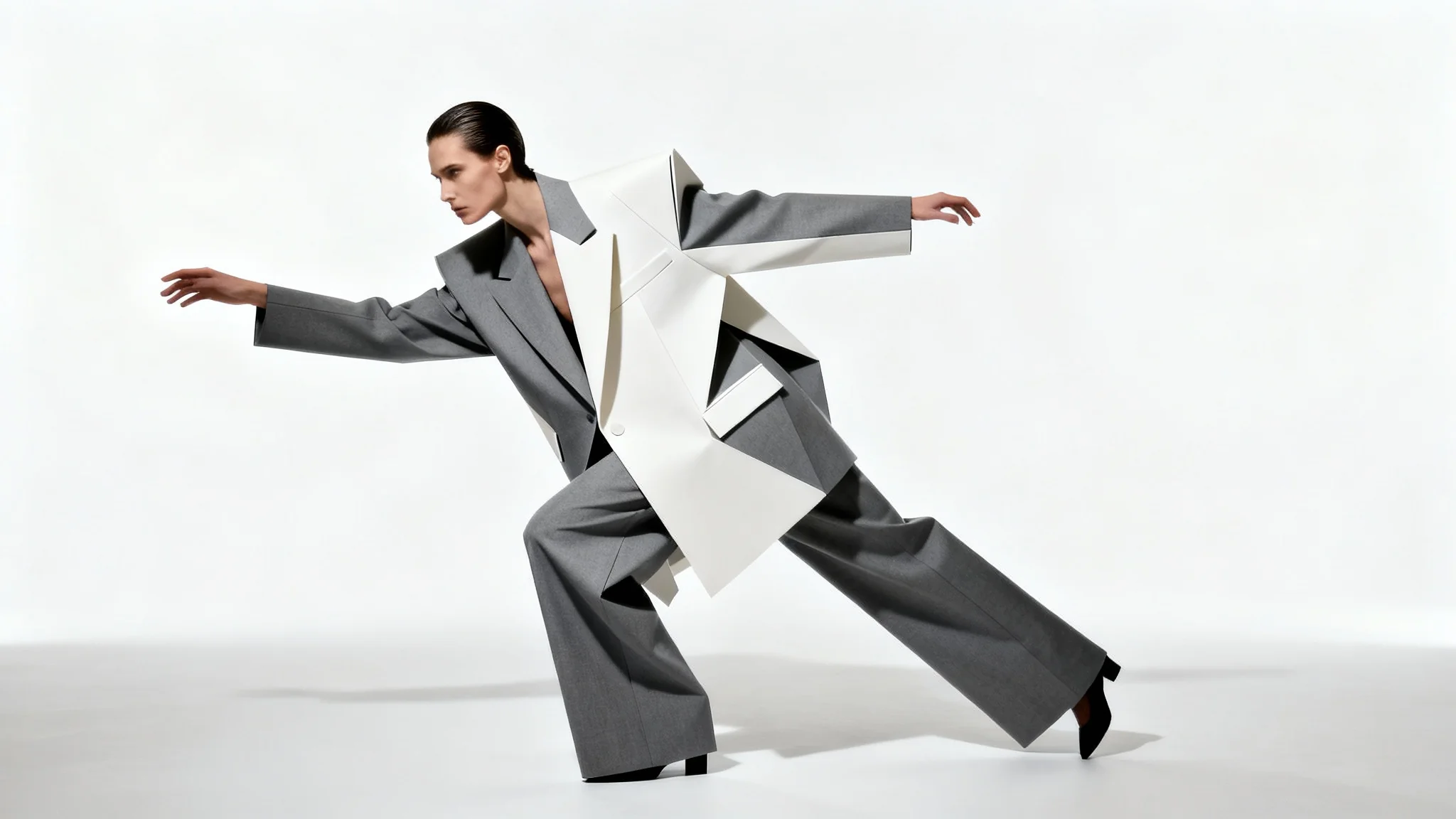 A full-body photograph of a high fashion model in a dramatic, architectural outfit striking an angular, elegant pose against a stark white background.