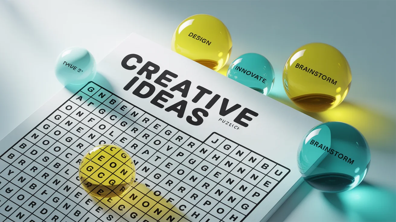 A modern, eye-catching word search puzzle with the title 'Creative Ideas'. Words like 'DESIGN' and 'INNOVATE' are highlighted in bright yellow and teal.