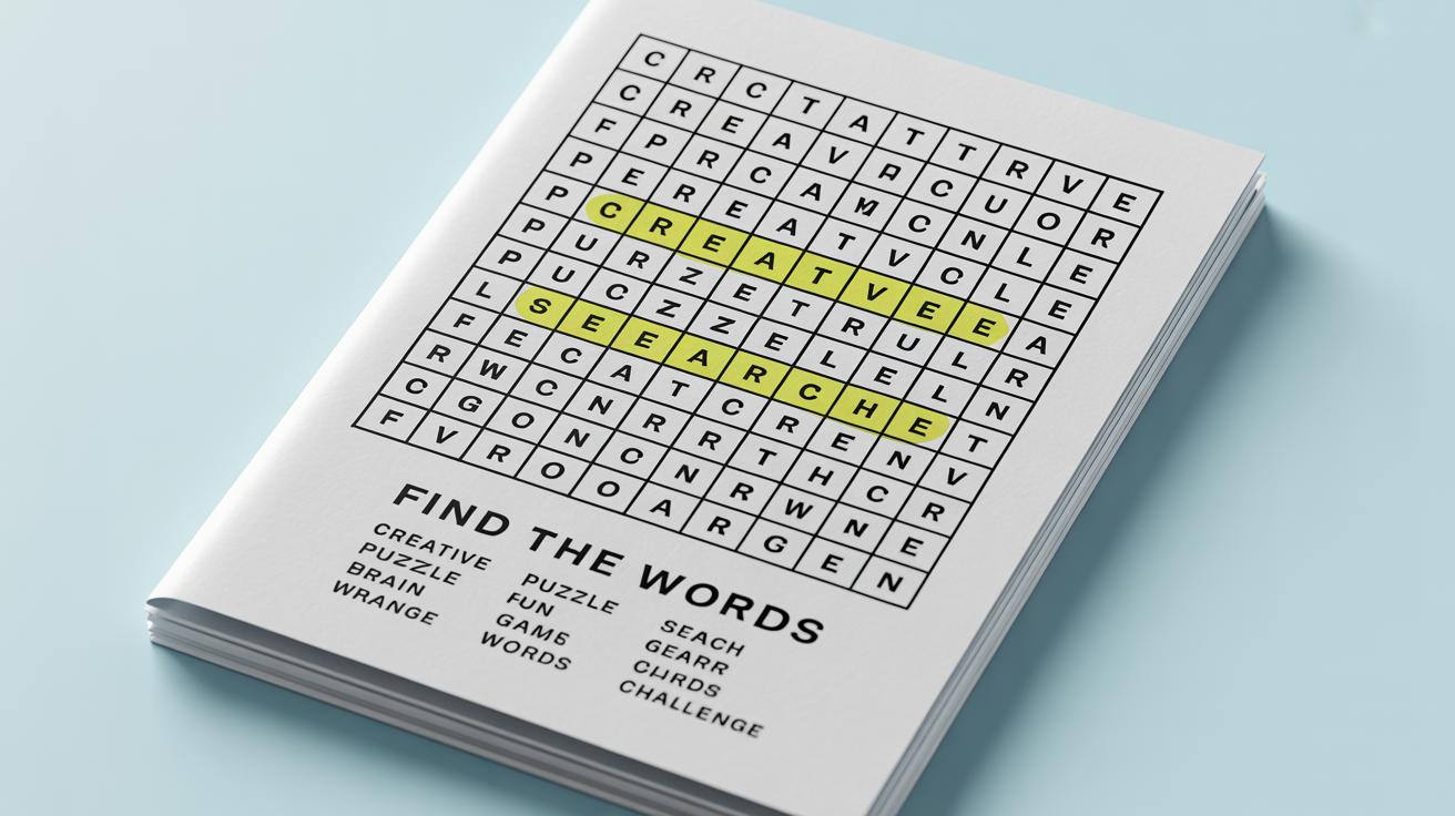 A modern mockup of a word search puzzle on a white background, with words like 'CREATIVE' and 'PUZZLE' circled in yellow.
