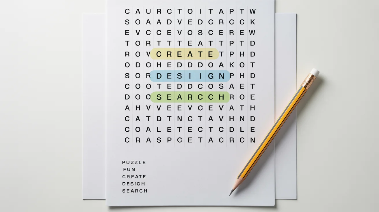 A top-down view of a word search puzzle on a white background. Several words like 'CREATE', 'DESIGN', and 'SEARCH' are circled in colorful highlighters. A yellow pencil rests on the corner of the puzzle.