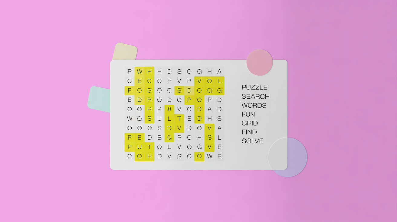 A modern and clean mockup of a word search puzzle with a list of words like 'PUZZLE' and 'SEARCH' to be found, set against a plain white background.