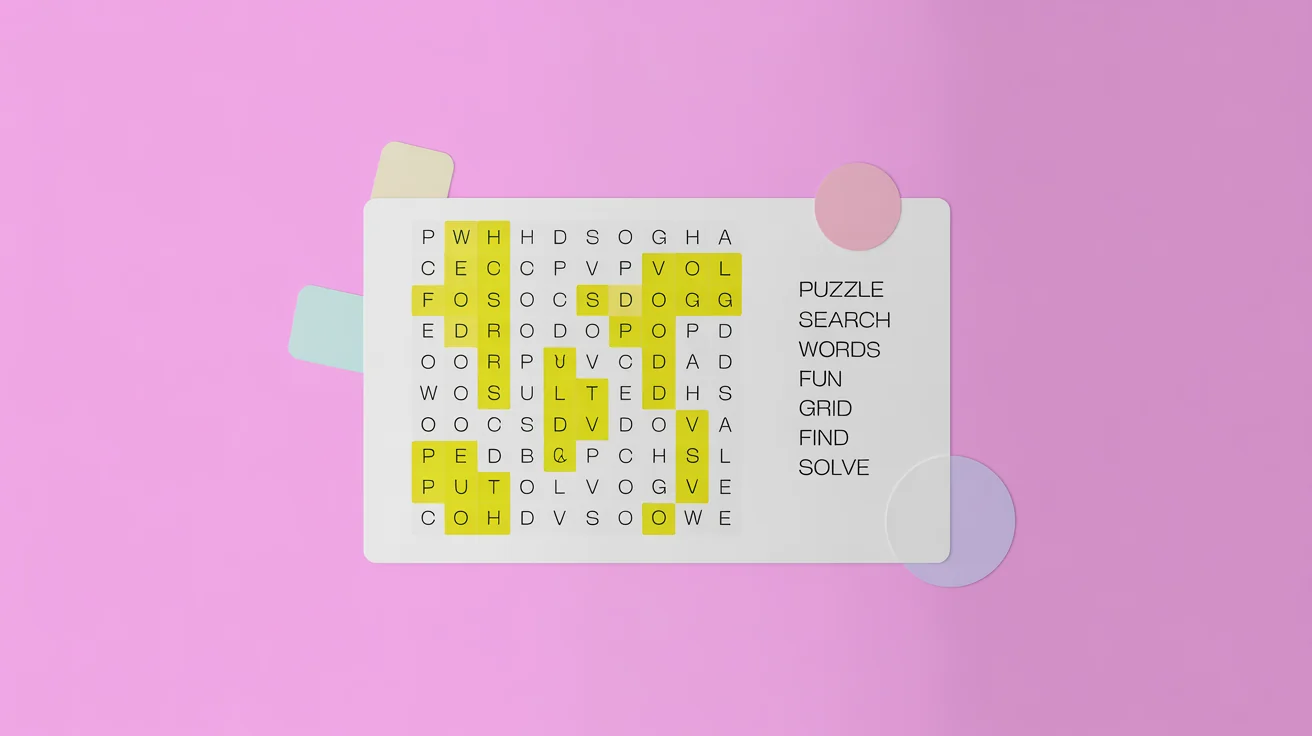 A modern and clean mockup of a word search puzzle with a list of words like 'PUZZLE' and 'SEARCH' to be found, set against a plain white background.