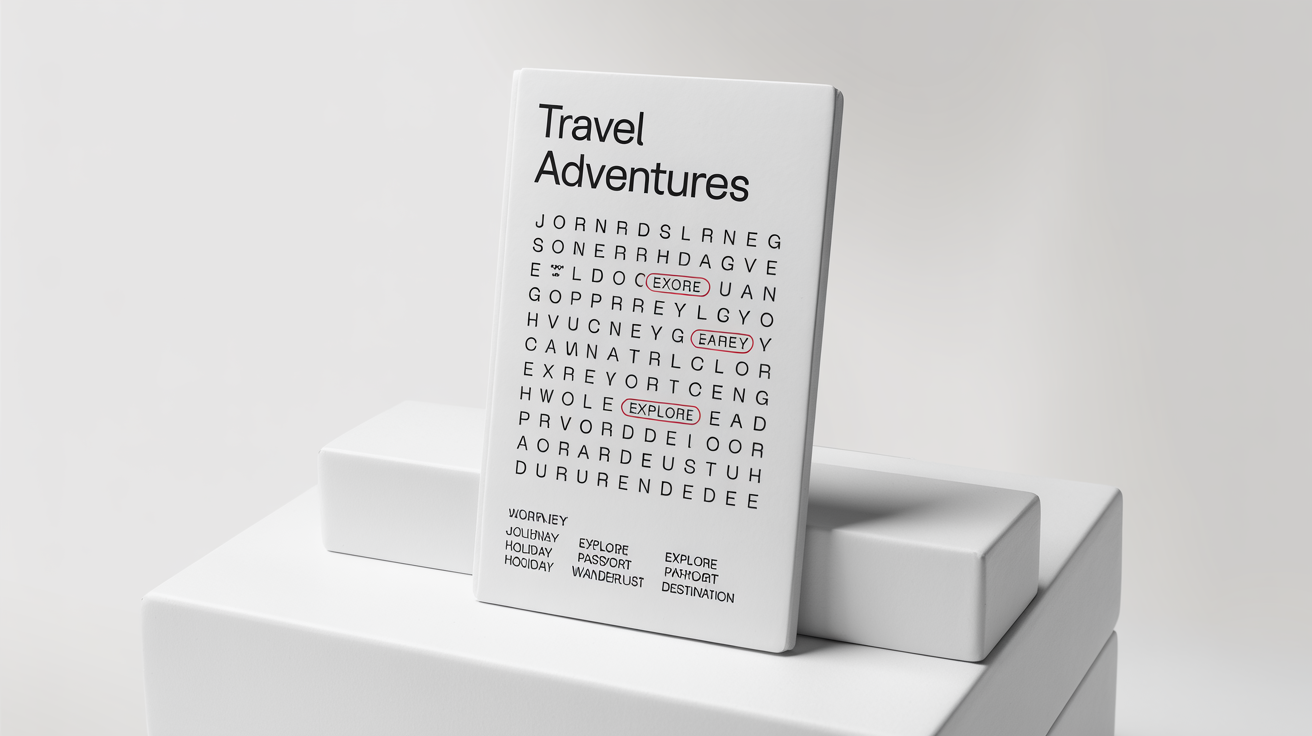 A mockup of a word search puzzle about travel, with the title 'TRAVEL ADVENTURES'. The words 'JOURNEY' and 'EXPLORE' are circled in red within the letter grid. The image is on a clean white background.