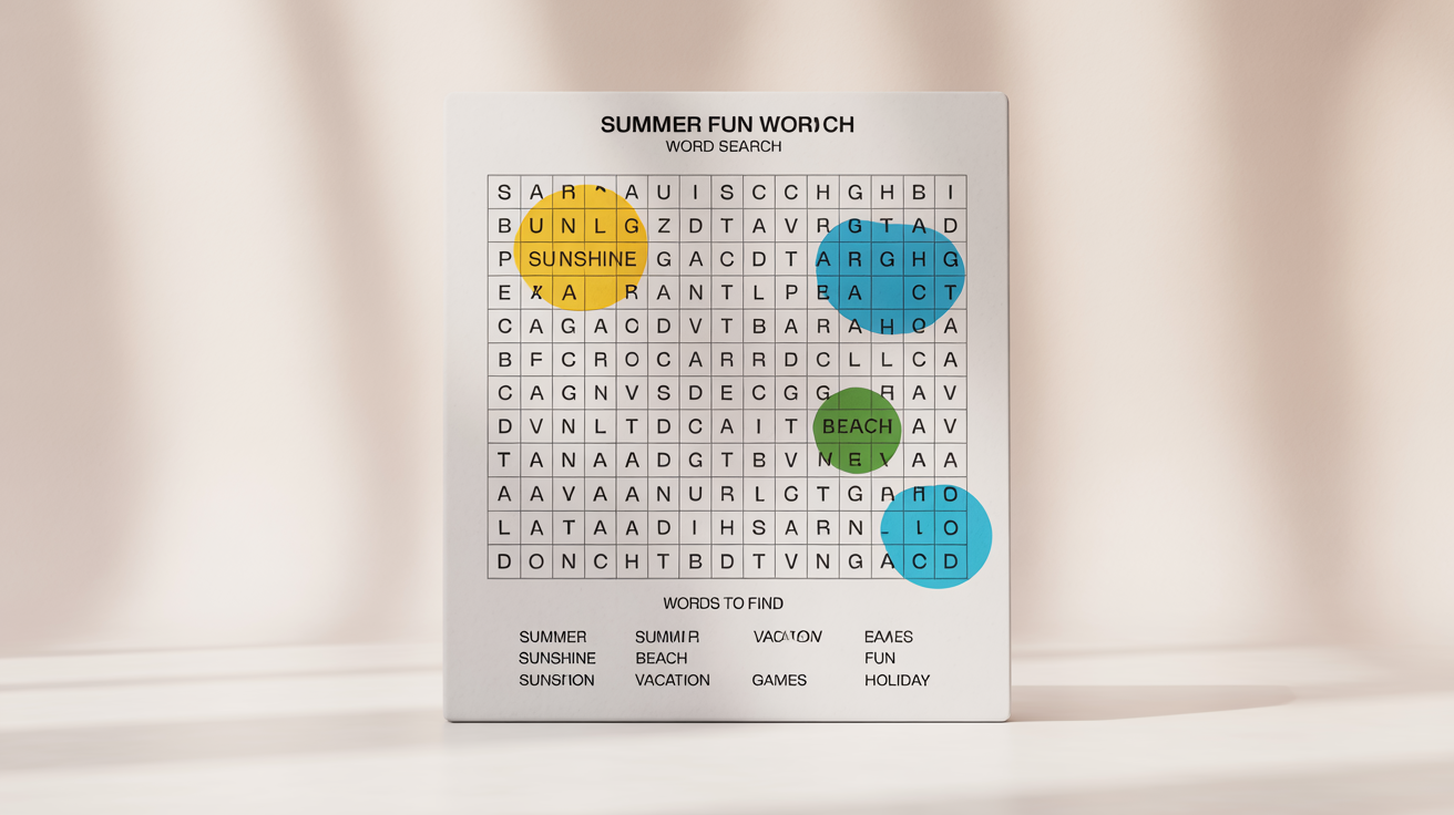 A close-up of a word search puzzle titled 'SUMMER FUN WORD SEARCH' on a white background, with words like 'SUNSHINE' and 'BEACH' found and circled in colorful highlighters.