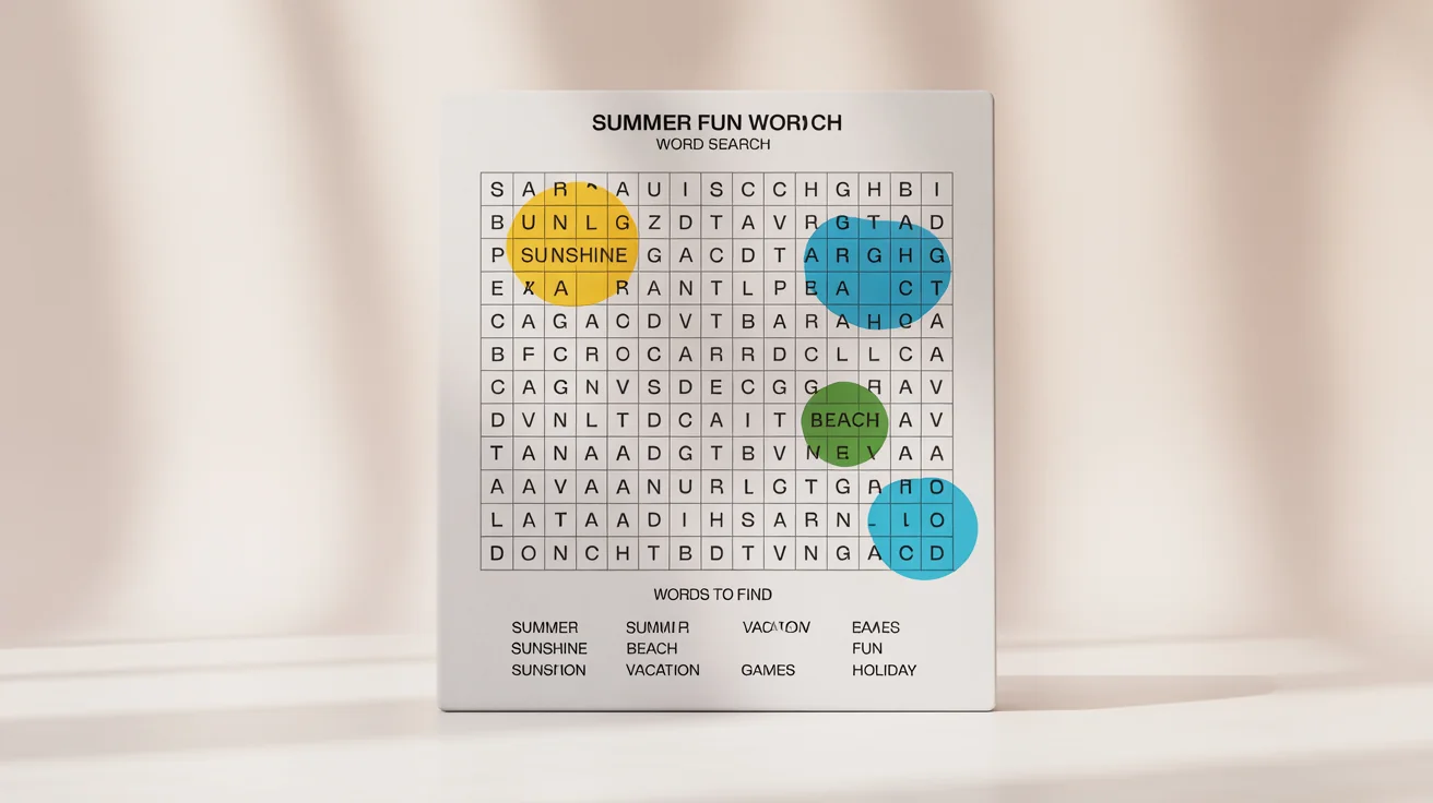 A close-up of a word search puzzle titled 'SUMMER FUN WORD SEARCH' on a white background, with words like 'SUNSHINE' and 'BEACH' found and circled in colorful highlighters.