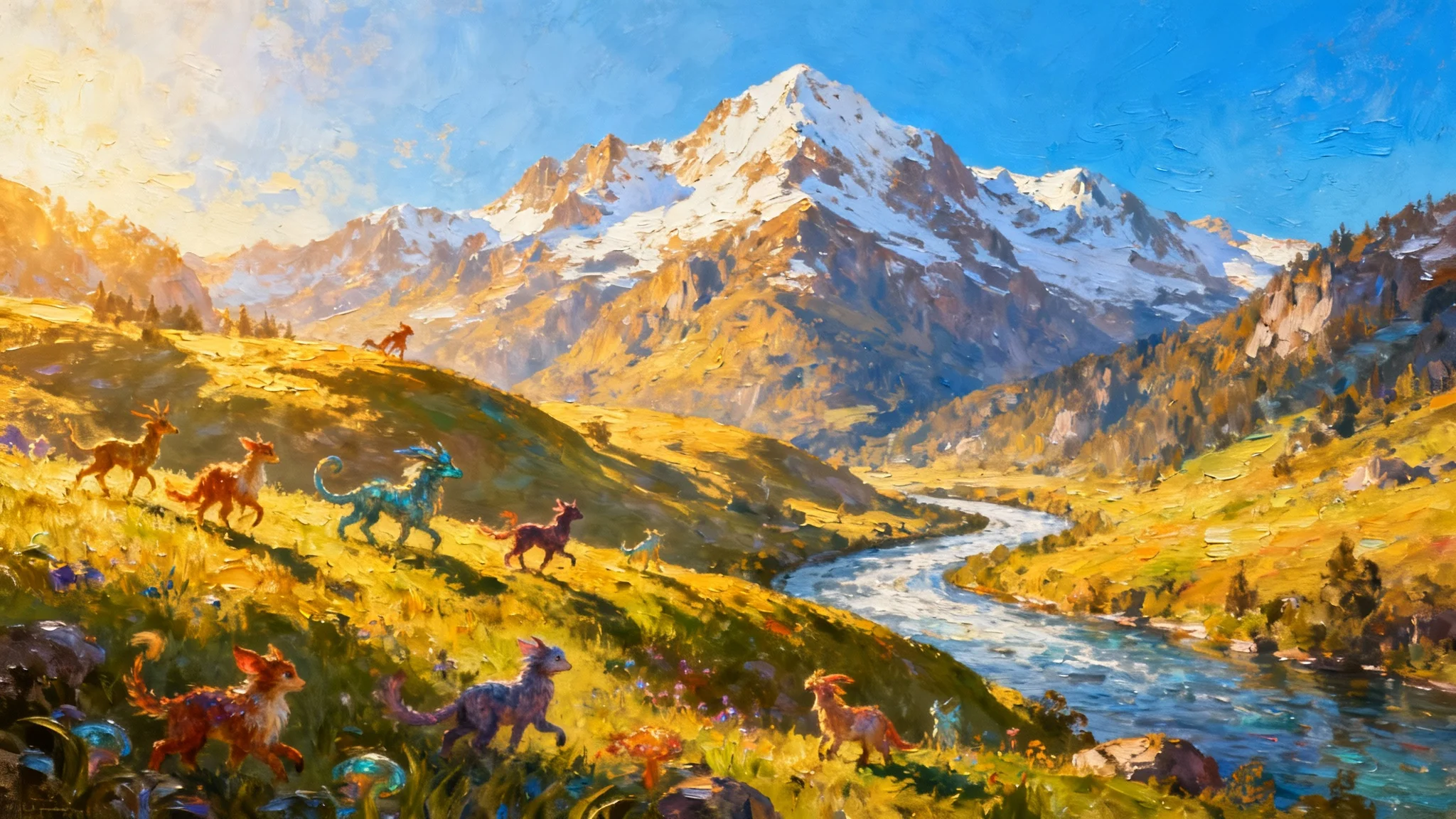 A vibrant, richly textured oil painting of a fantastical landscape. Whimsical creatures play on a green hill next to a river, with large mountains in the background under a blue sky.