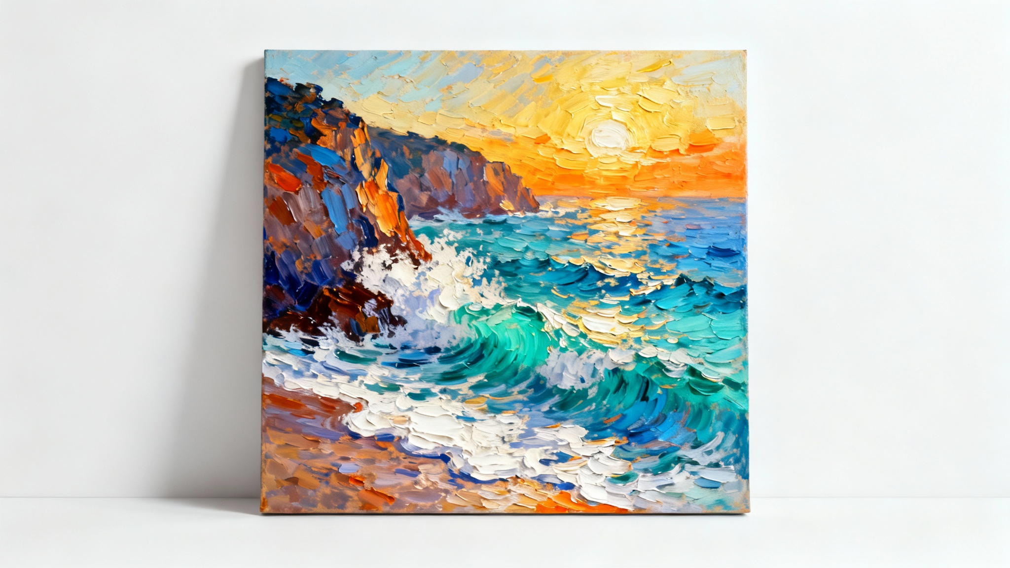 A detailed mockup of a square oil painting depicting a dramatic coastal scene with textured, impasto brushstrokes, set against a sterile white background.