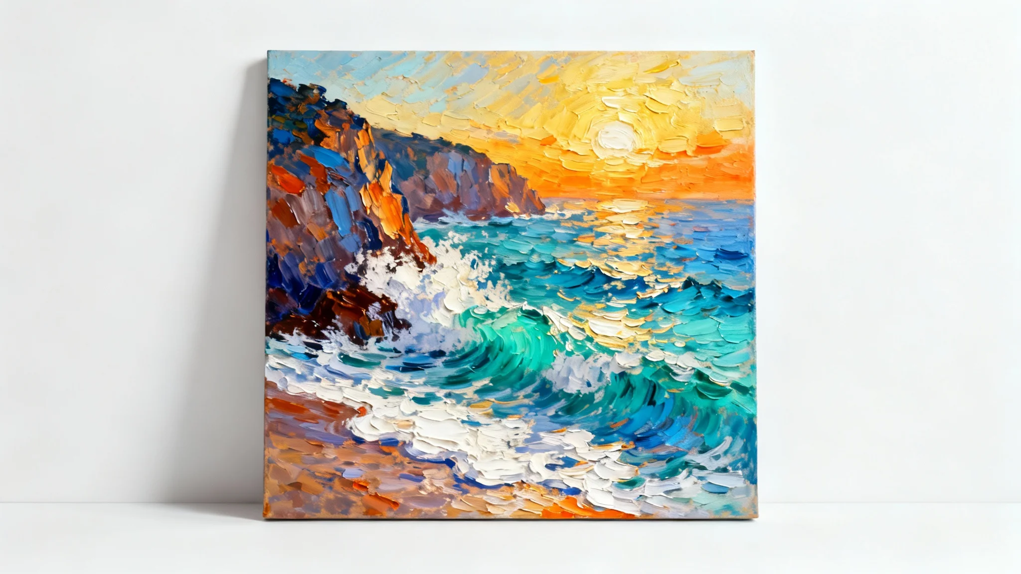 A detailed mockup of a square oil painting depicting a dramatic coastal scene with textured, impasto brushstrokes, set against a sterile white background.