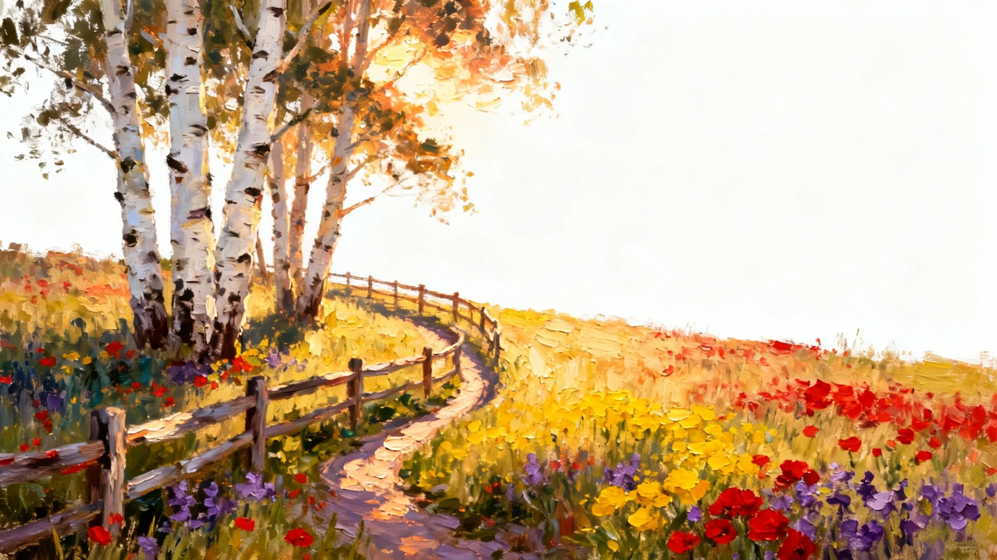 A digital mockup of an impressionistic oil painting of a wildflower meadow with a wooden fence and birch trees, isolated on a white background.