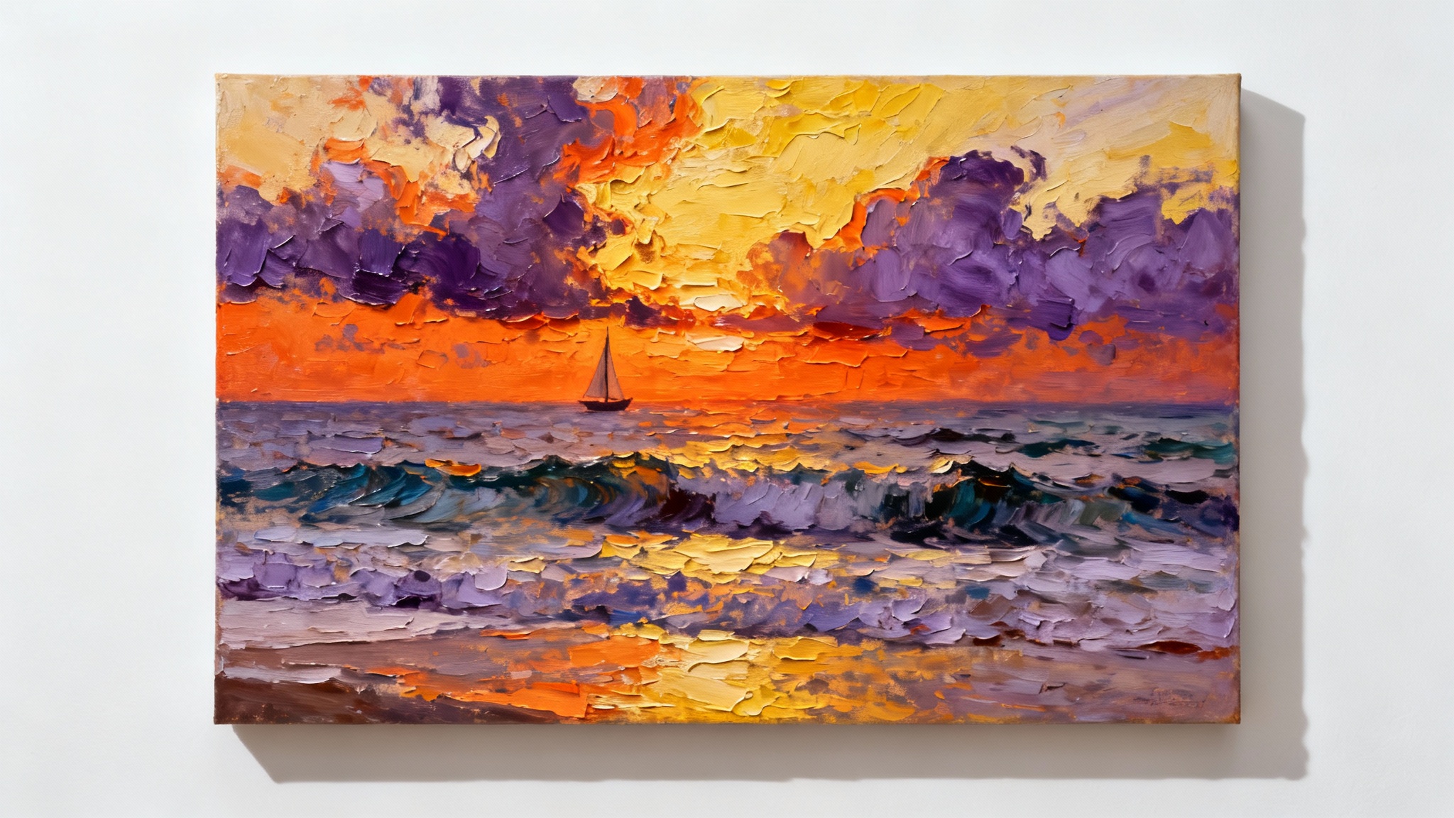 A close-up of a finished oil painting depicting a vibrant coastal sunset with a sailboat, showcasing thick, textured brushstrokes and rich colors, presented against a stark white background.