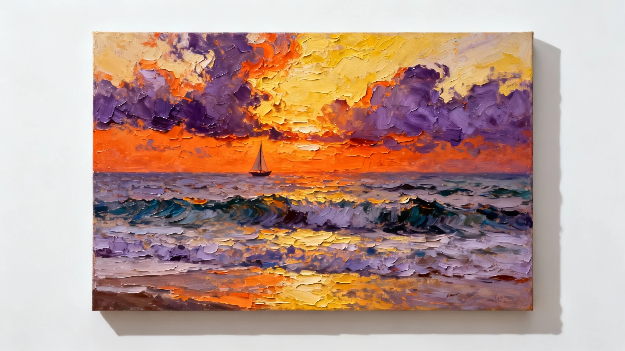A close-up of a finished oil painting depicting a vibrant coastal sunset with a sailboat, showcasing thick, textured brushstrokes and rich colors, presented against a stark white background.