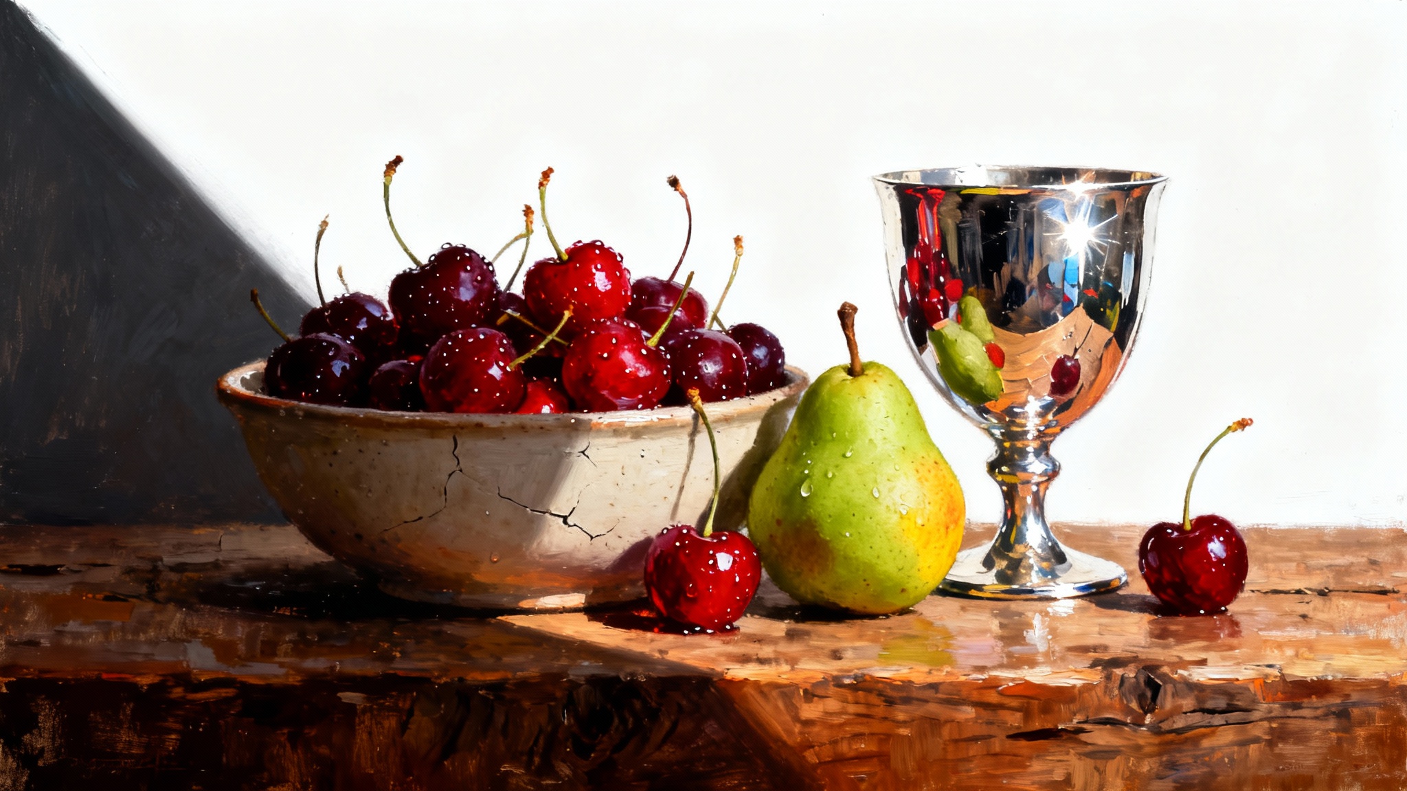 An exquisite oil painting of a still life with a bowl of cherries, a pear, and a silver goblet, demonstrating rich textures and dramatic lighting against a plain white background.