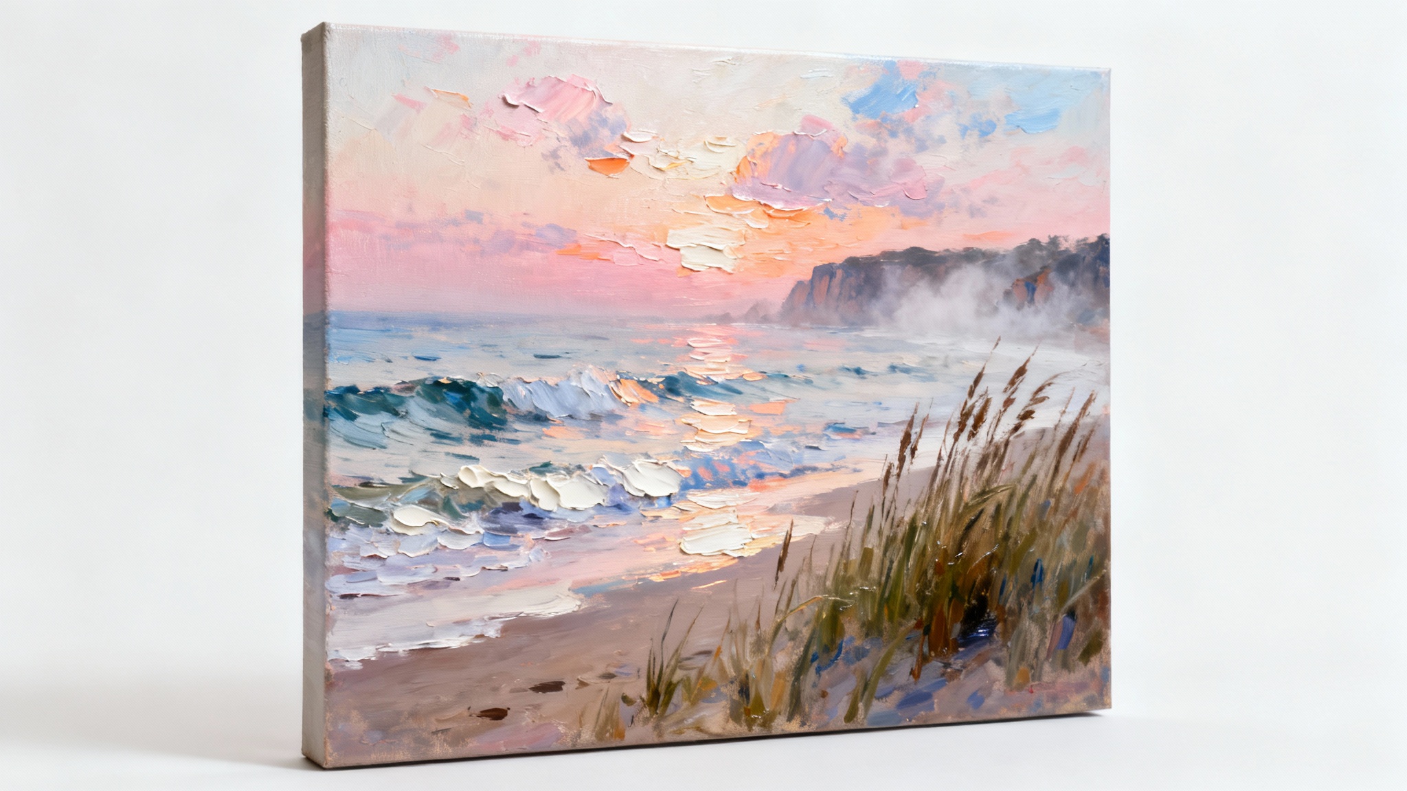 A realistic mockup of a finished oil painting depicting a serene coastal sunrise, showcasing visible brushstrokes and a soft color palette, displayed against a plain white background.