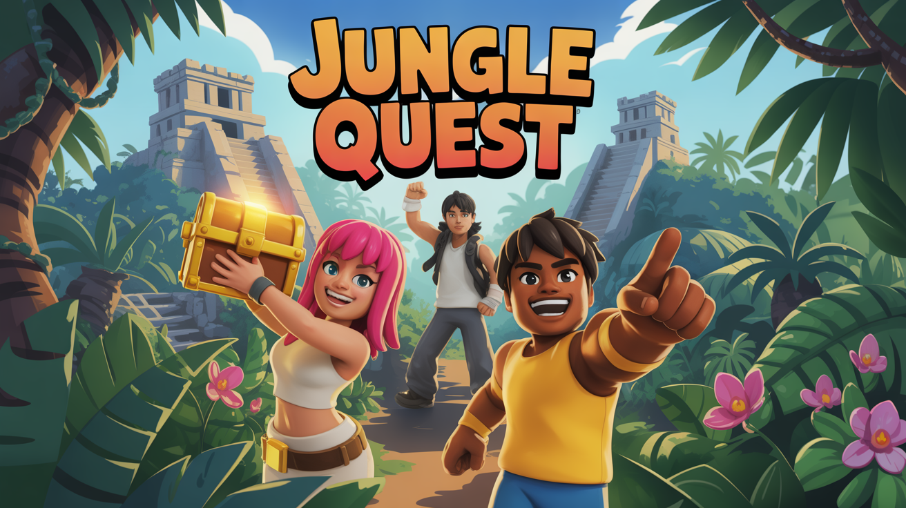 A professionally designed Roblox game thumbnail with the text 'Jungle Quest'. It shows three Roblox characters in a jungle adventure, with one holding a glowing treasure chest.