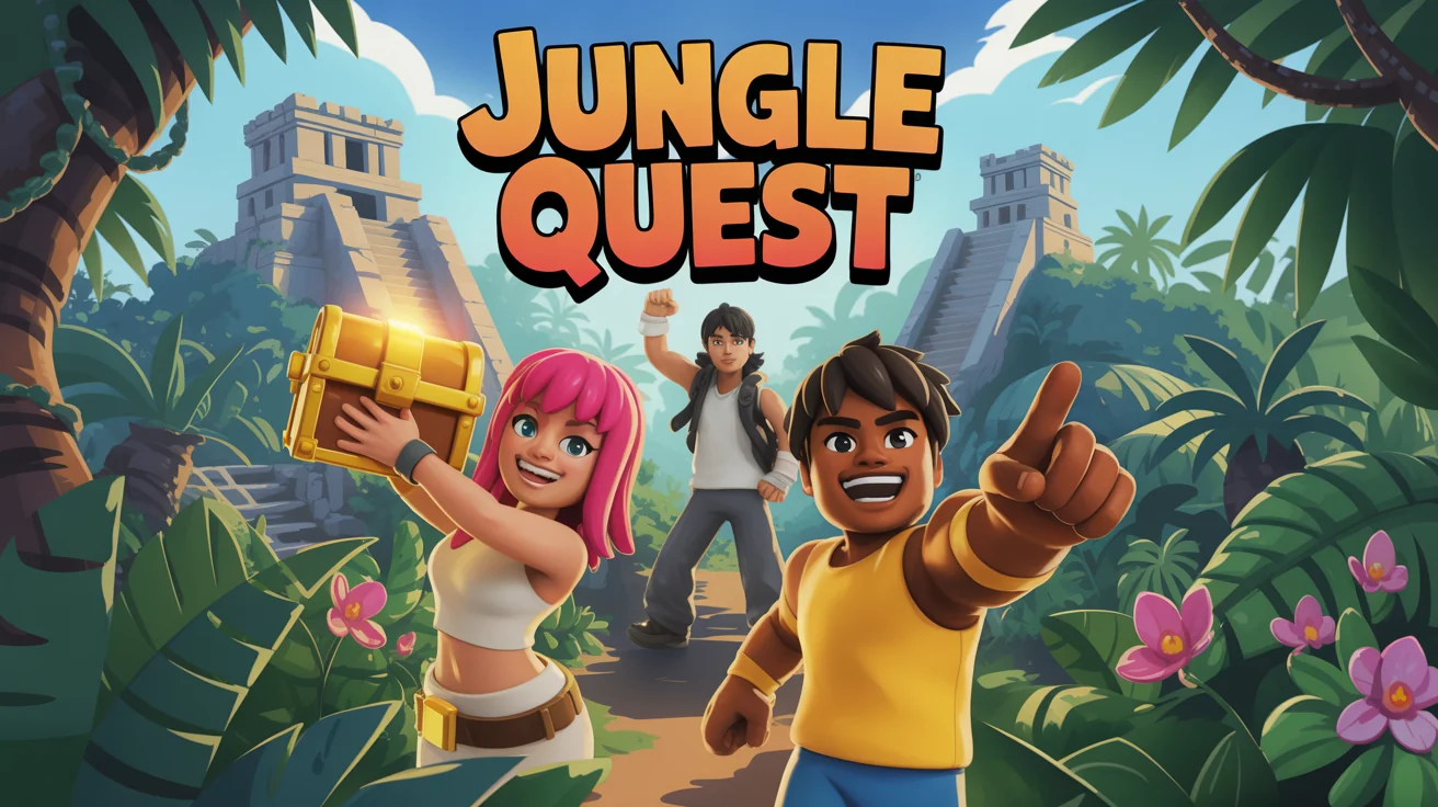 A professionally designed Roblox game thumbnail with the text 'Jungle Quest'. It shows three Roblox characters in a jungle adventure, with one holding a glowing treasure chest.