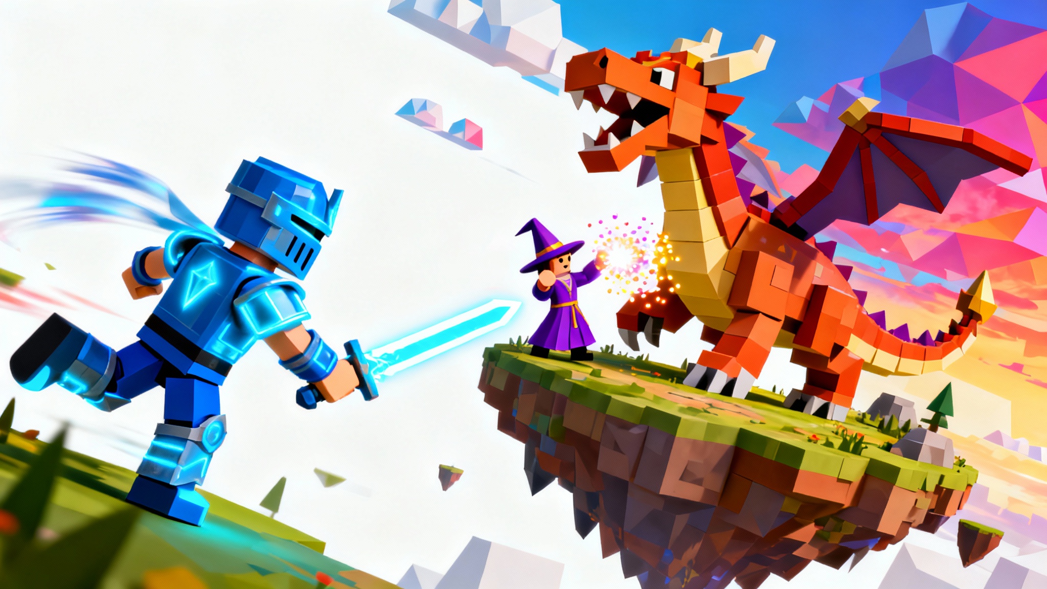 A colorful Roblox game thumbnail mockup depicting two blocky avatars, a knight and a mage, battling a large, friendly-looking dragon on a floating island. The scene is presented on a white background.