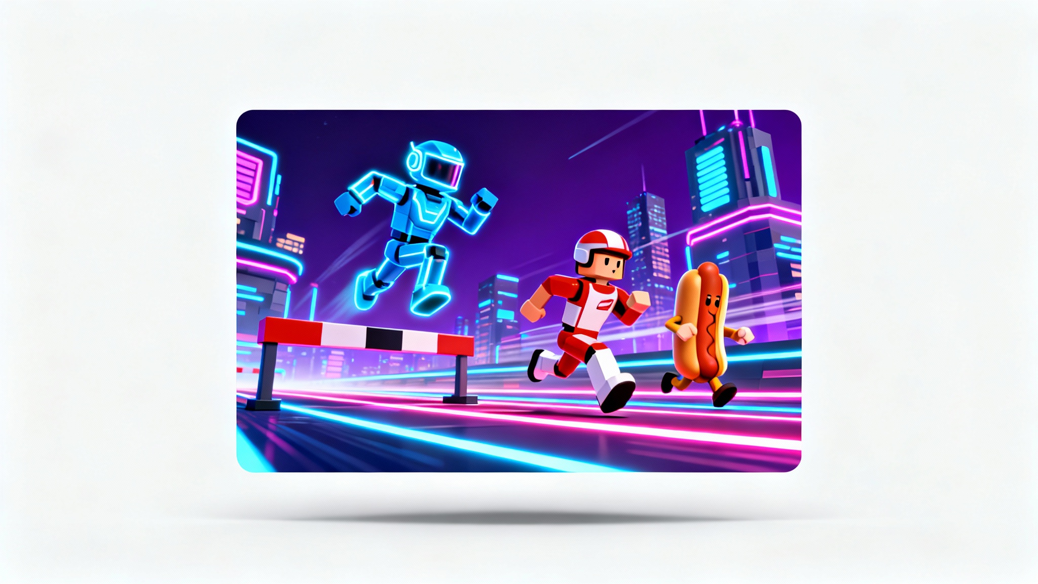 A mockup of a vibrant Roblox game thumbnail depicting three blocky avatars in a futuristic race, set against a plain white background.