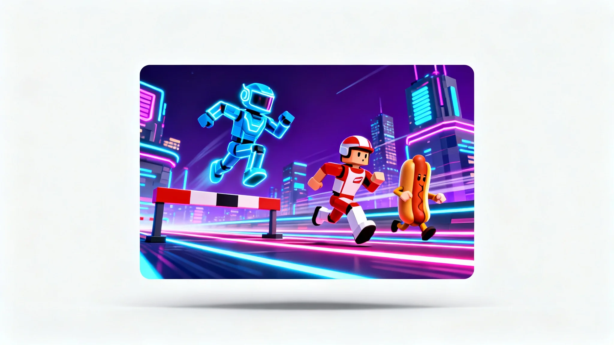 A mockup of a vibrant Roblox game thumbnail depicting three blocky avatars in a futuristic race, set against a plain white background.