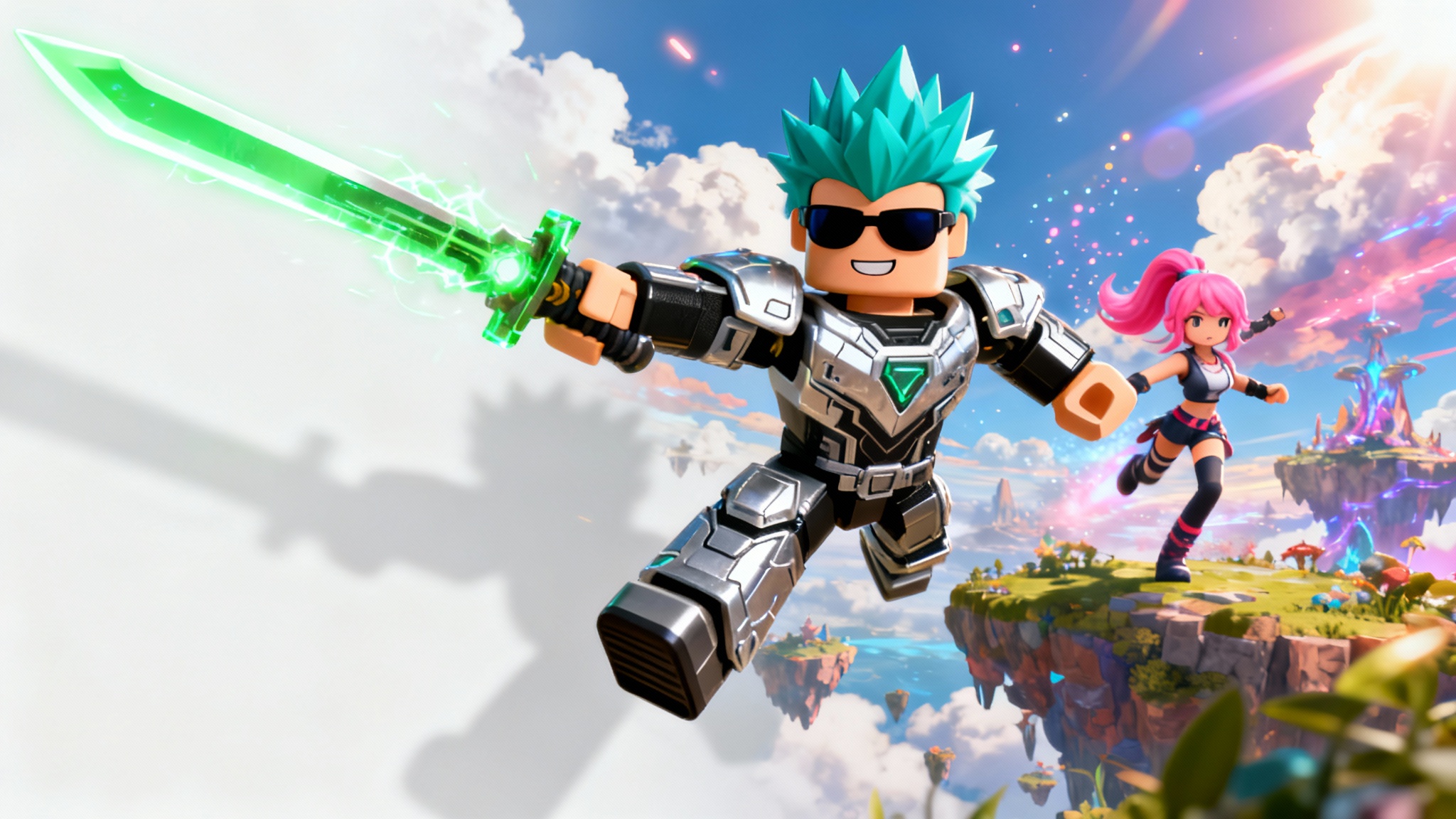 A vibrant Roblox game thumbnail mockup featuring a blocky 3D character in futuristic armor jumping with a glowing sword, set against a fantasy sky with floating islands. The thumbnail is displayed on a white background.