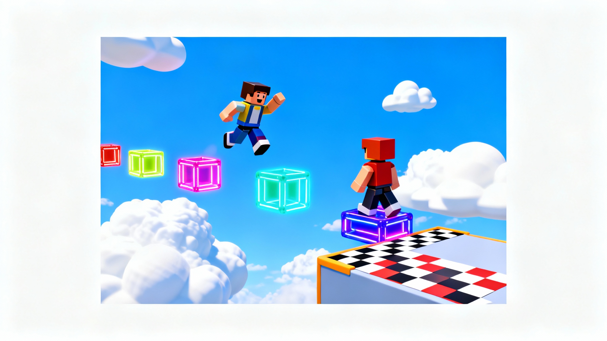 A colorful Roblox game thumbnail mockup showing two blocky avatars navigating a neon obstacle course in the sky, set against a plain white background.