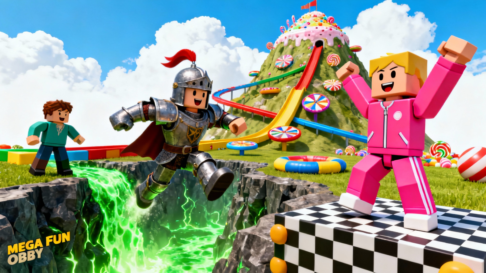 A colorful and dynamic Roblox game thumbnail mockup featuring blocky avatars navigating a fun-looking obstacle course with lava and slides, set against a plain white background.