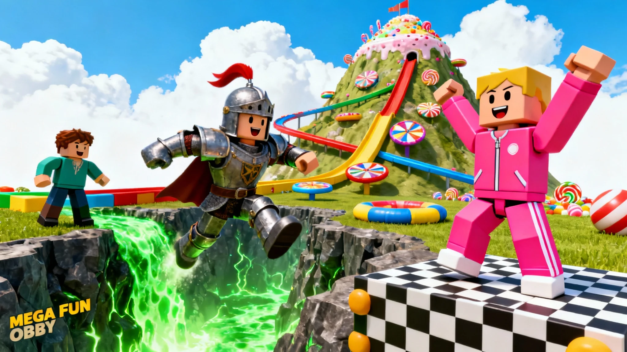 A colorful and dynamic Roblox game thumbnail mockup featuring blocky avatars navigating a fun-looking obstacle course with lava and slides, set against a plain white background.