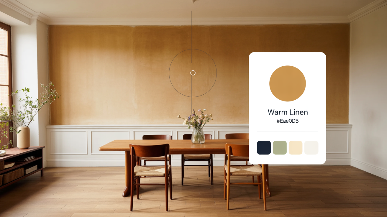A cozy dining room with a beige wall, featuring a user interface overlay that has identified the wall color as 'Warm Linen' and displays a palette of complementary colors.