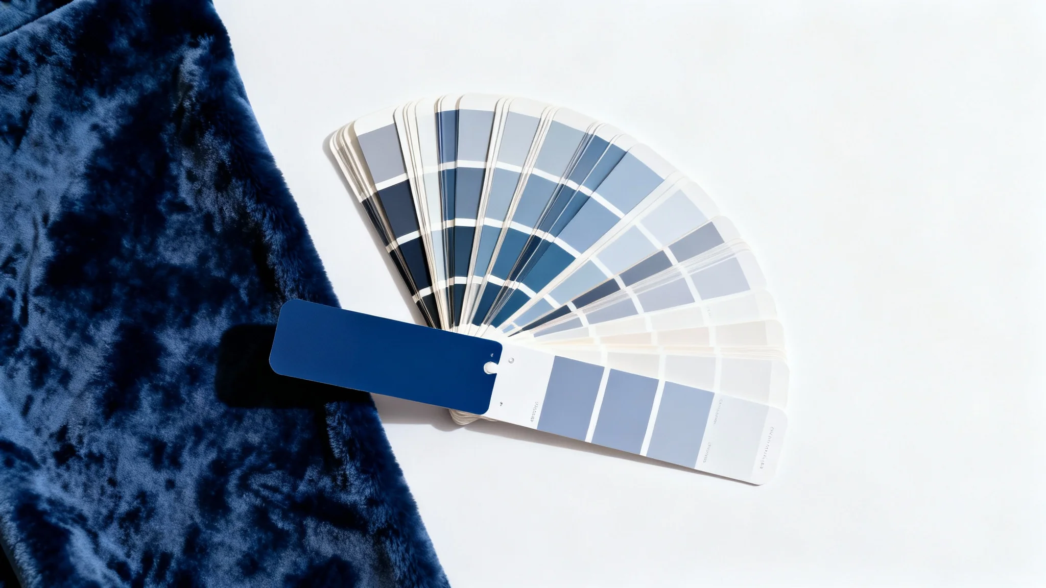 A top-down view of paint color swatches laid next to a piece of navy blue velvet fabric, with one swatch perfectly matching the fabric's color, illustrating the concept of matching paint colors.