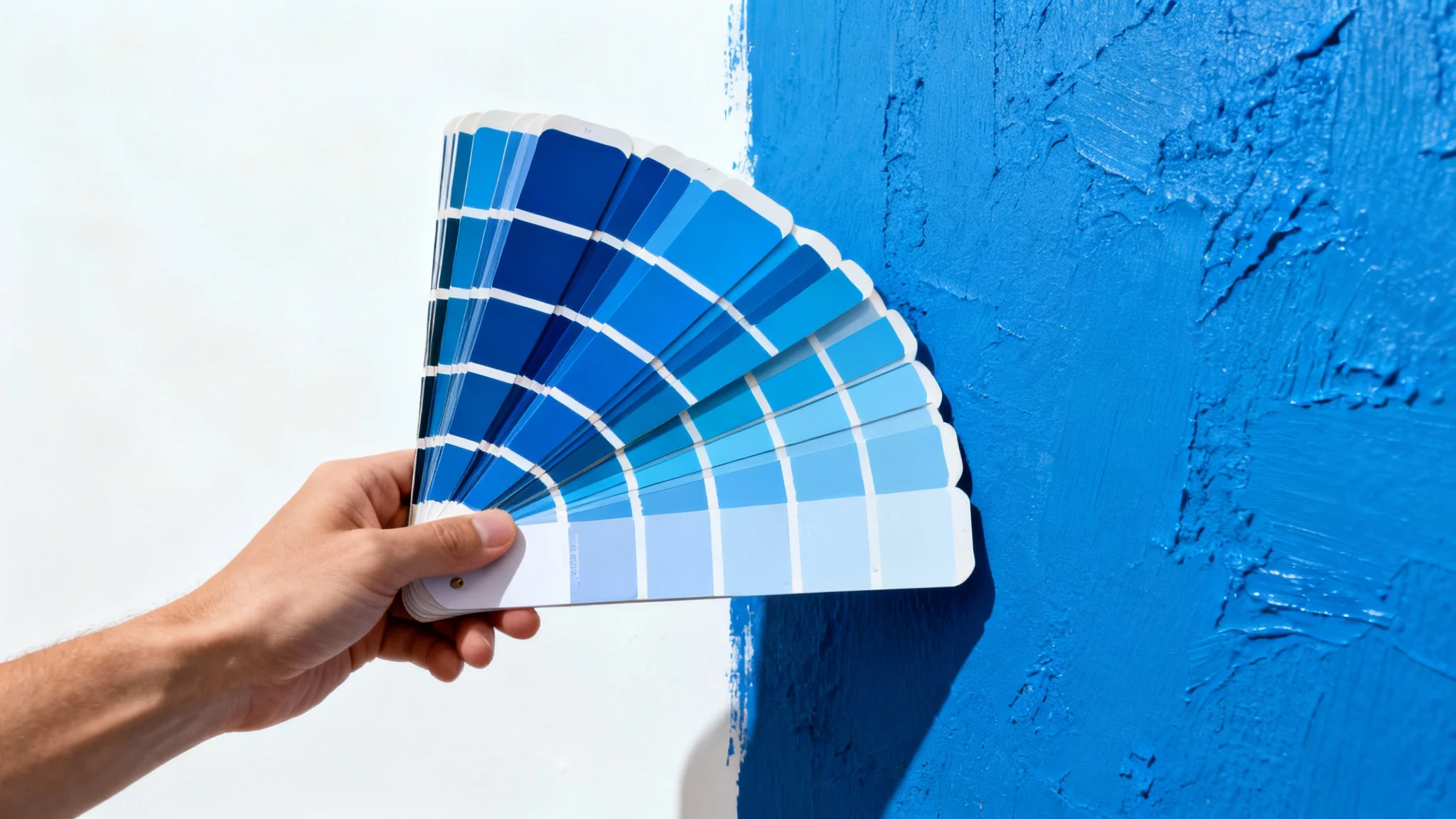 A photorealistic image of a hand holding paint color swatches against a blue textured wall to find an exact match, on a clean white background.