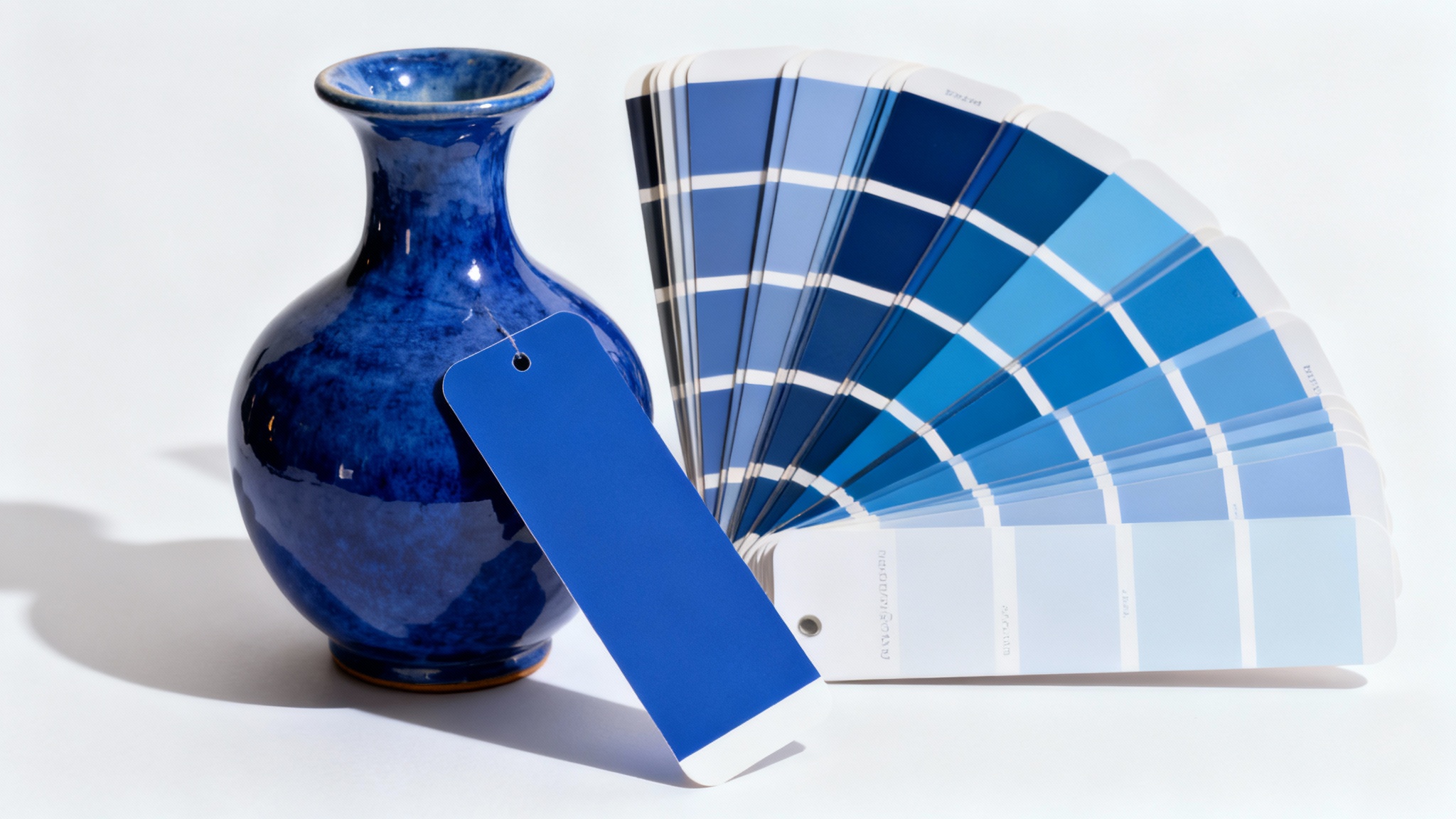 A deep blue ceramic vase sits on a white background next to a fan of paint color swatches, with one swatch perfectly matching the vase's color highlighted.