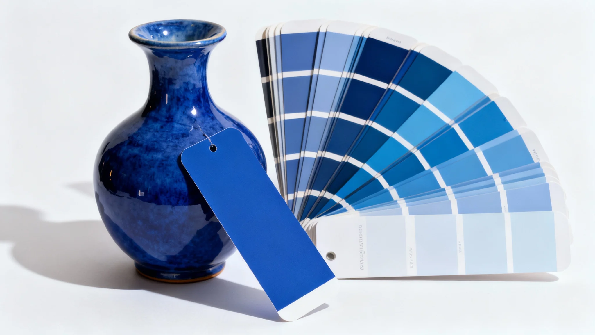 A deep blue ceramic vase sits on a white background next to a fan of paint color swatches, with one swatch perfectly matching the vase's color highlighted.